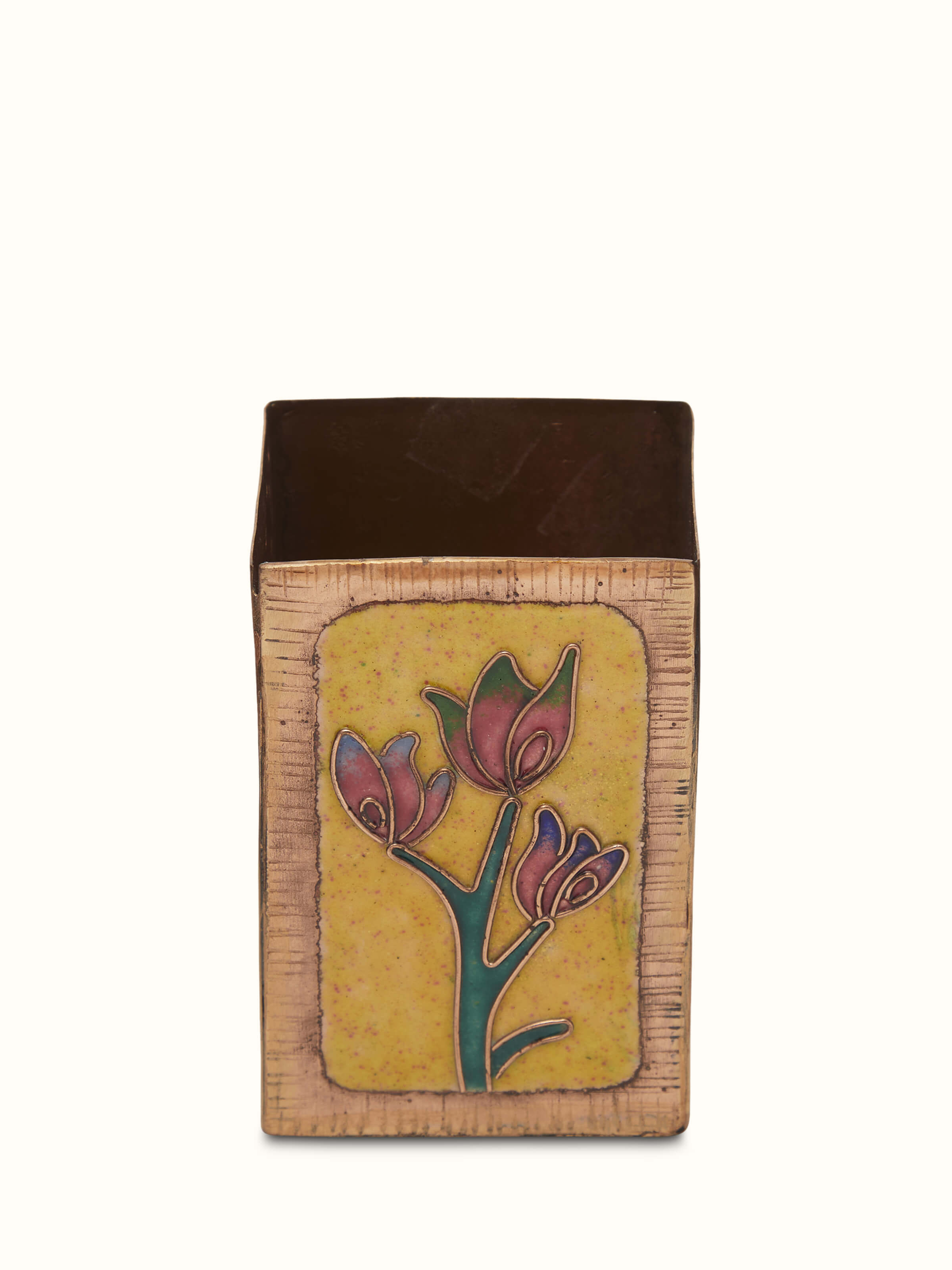 Artistic view of Copper Flower Square Pen Holder in Yellow, featuring intricate flower design