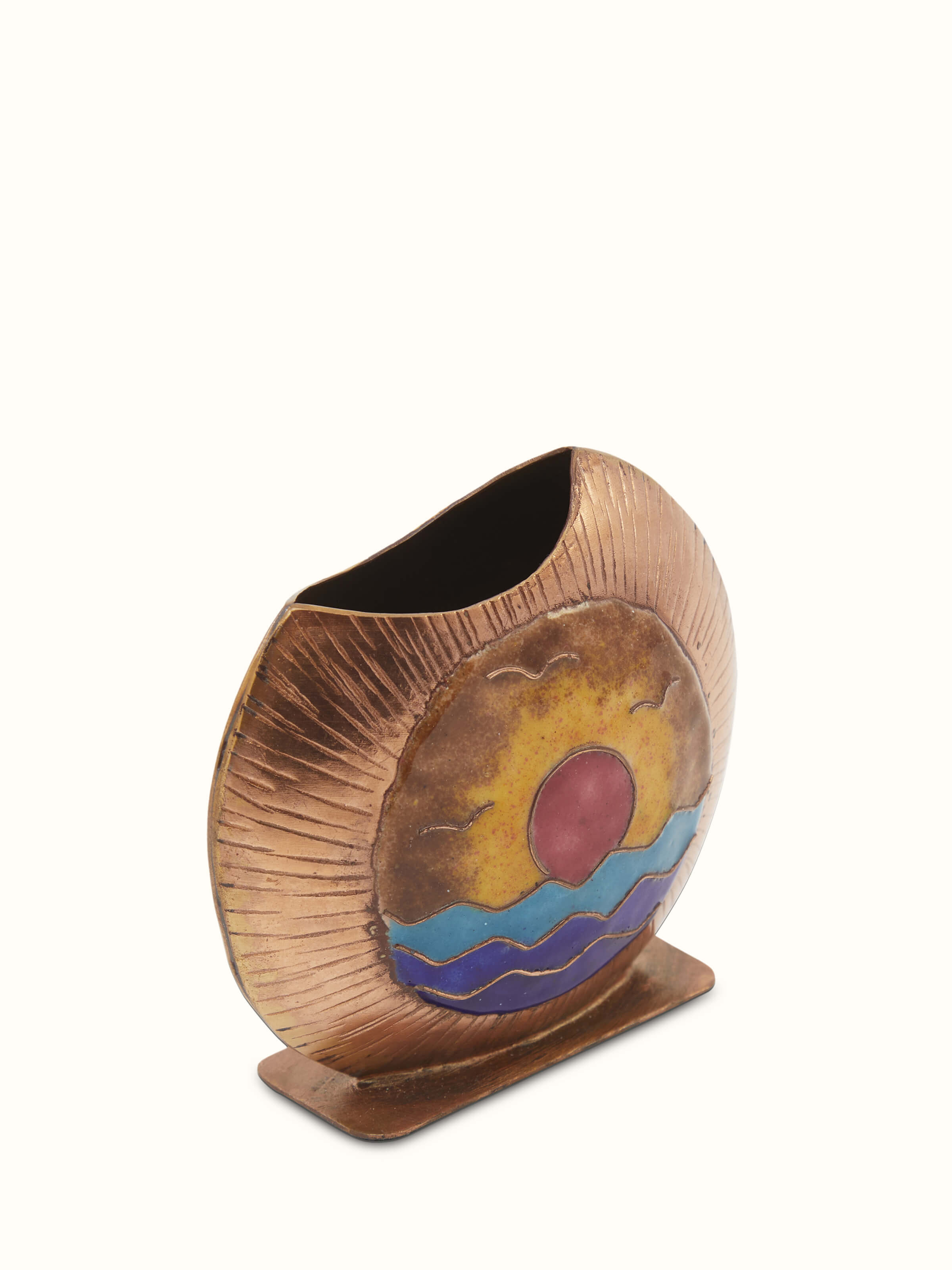 Angle view of Copper Sunset Oval Pen Holder Bronze emphasizing the oval shape and detailed design.