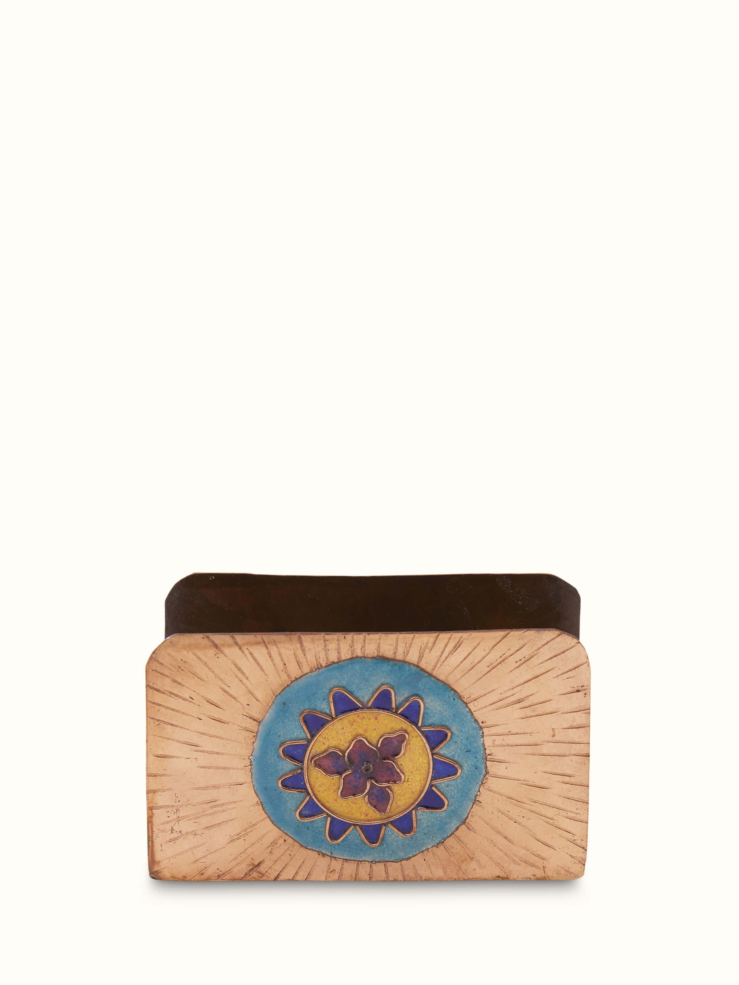 Front view of copper sunshine square card holder in blue, highlighting its sleek design