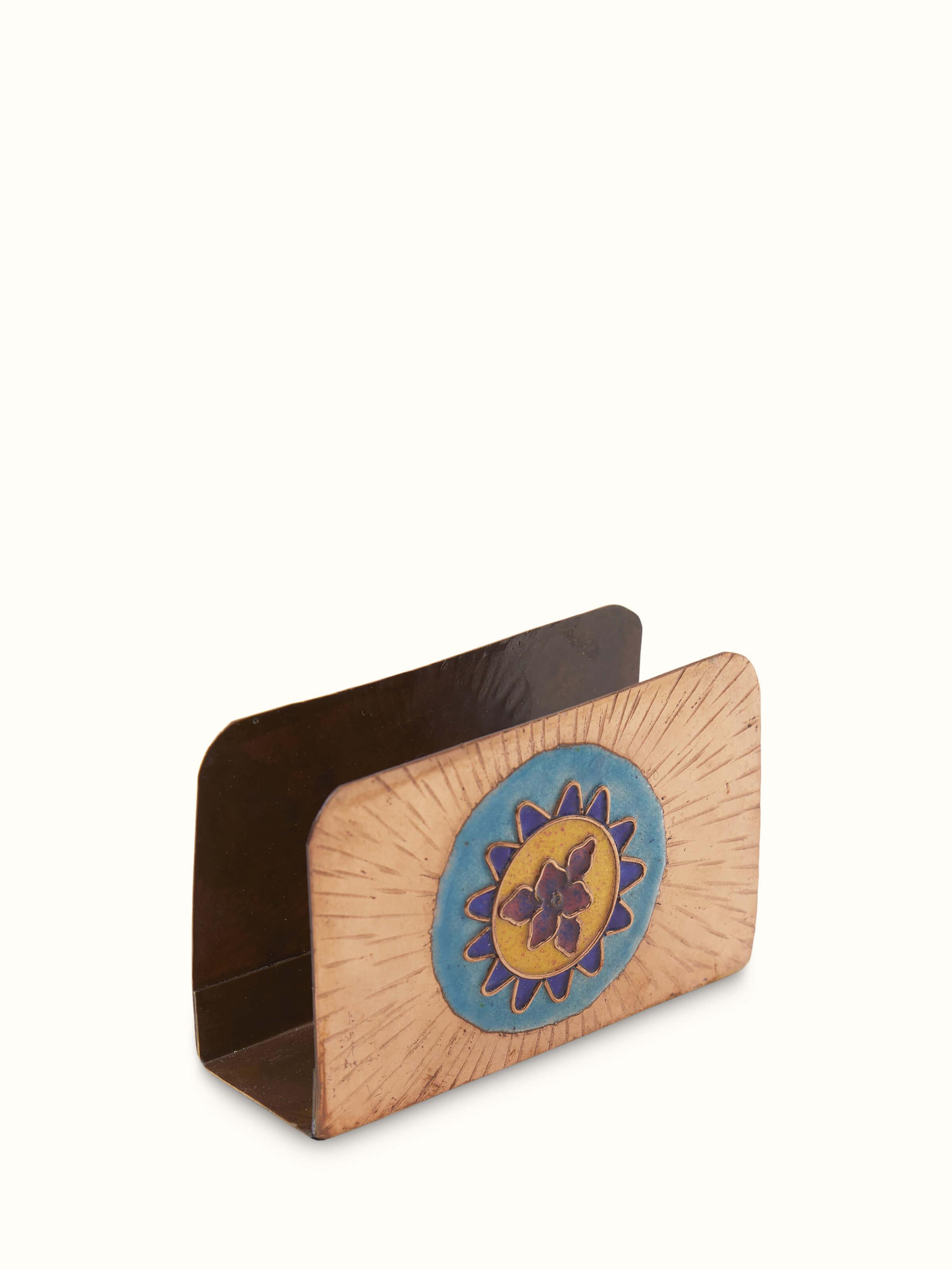 Detailed view of copper sunshine square card holder in blue, focusing on design details