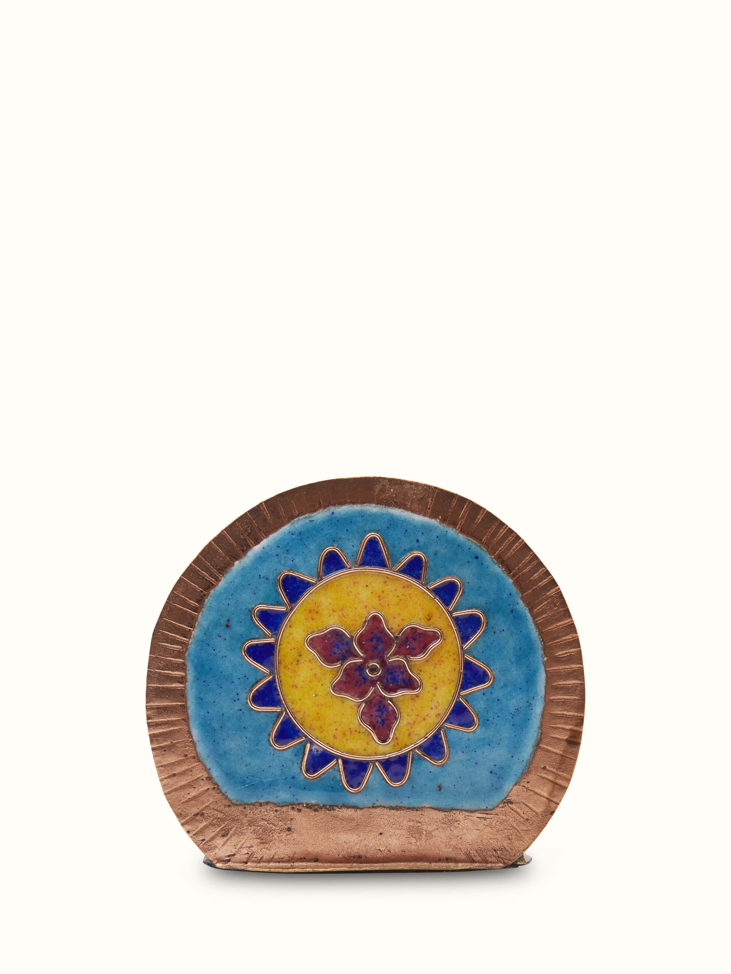 Front view of Copper sunshine round card holder blue, displaying its elegant round design and vibrant color.