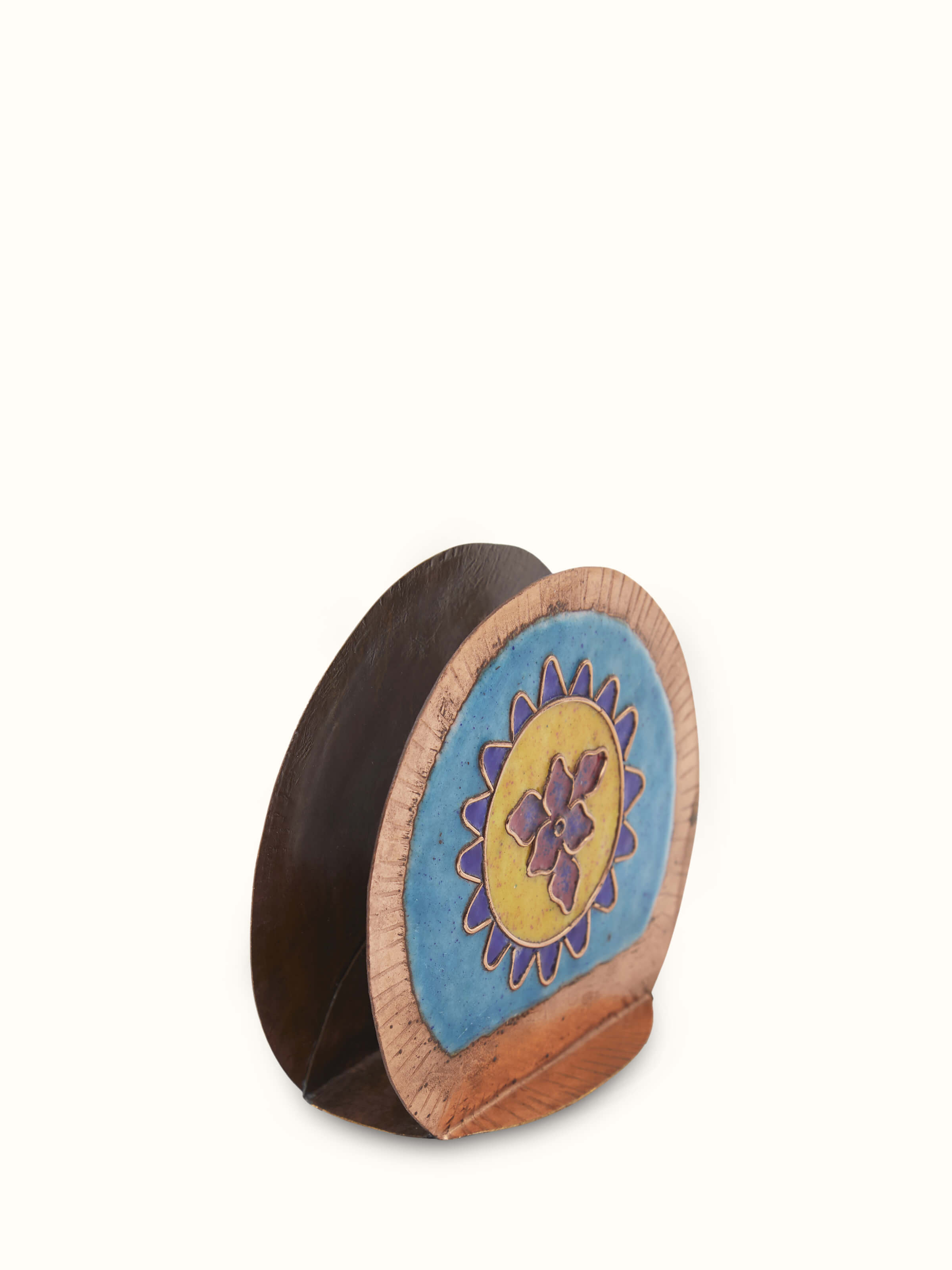 Detailed view of Copper sunshine round card holder blue, showcasing the texture and craftsmanship.