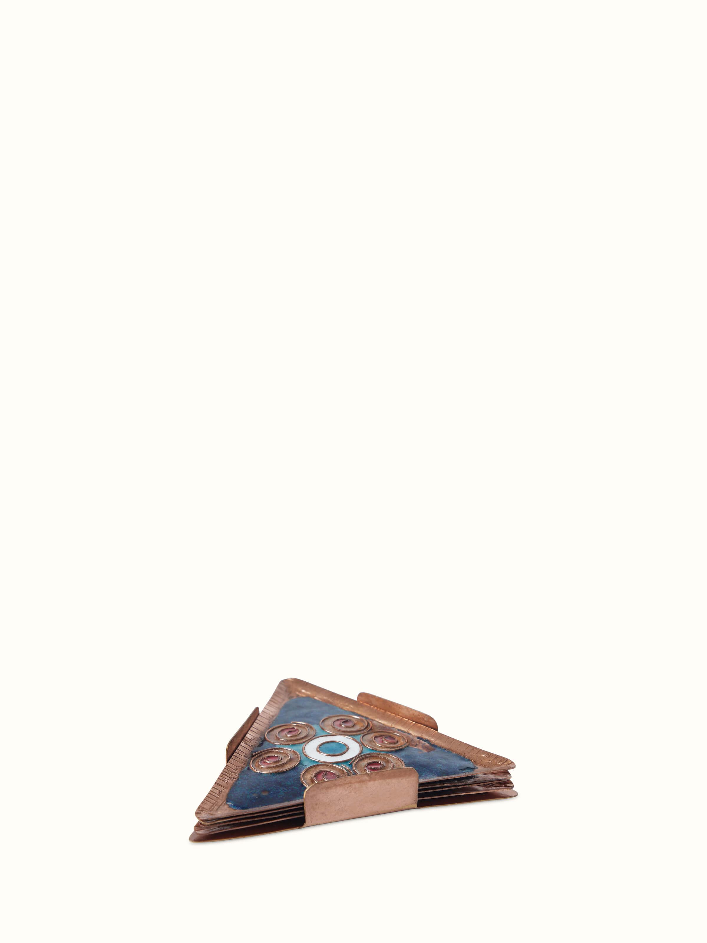 Front view of Triangular copper coaster displaying its sleek design