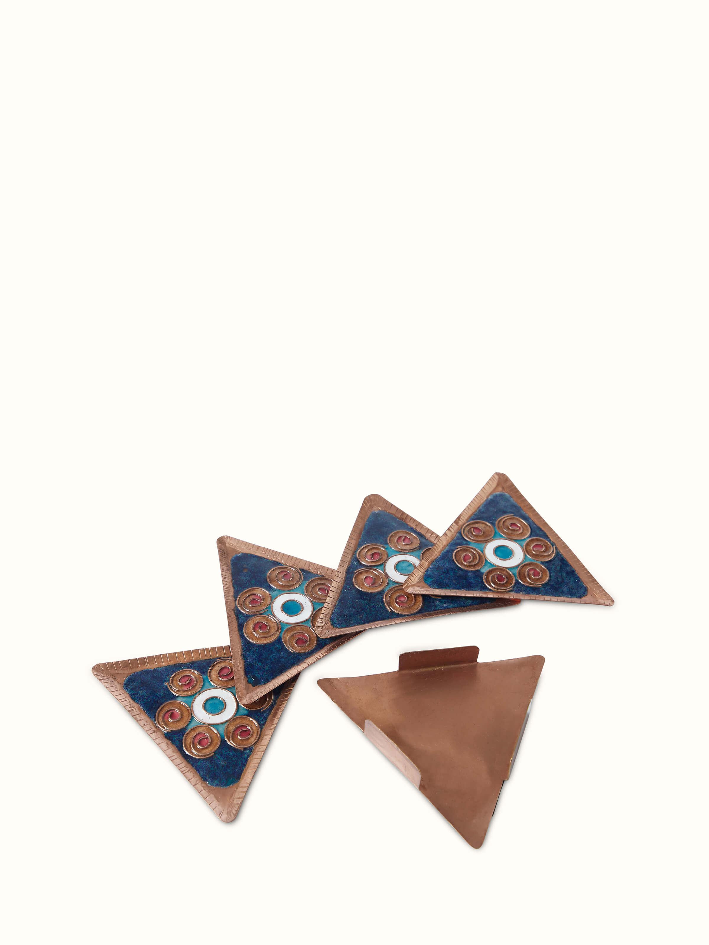 Detailed view of Triangular copper coaster showcasing its polished finish