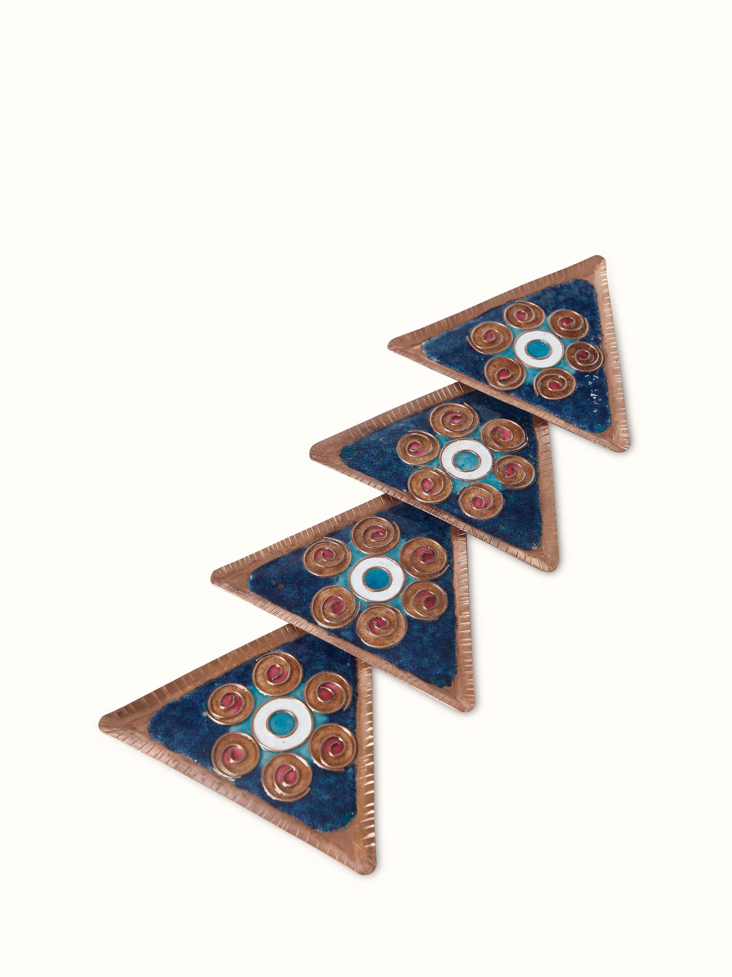 Close-up view of Triangular copper coaster focusing on texture and design