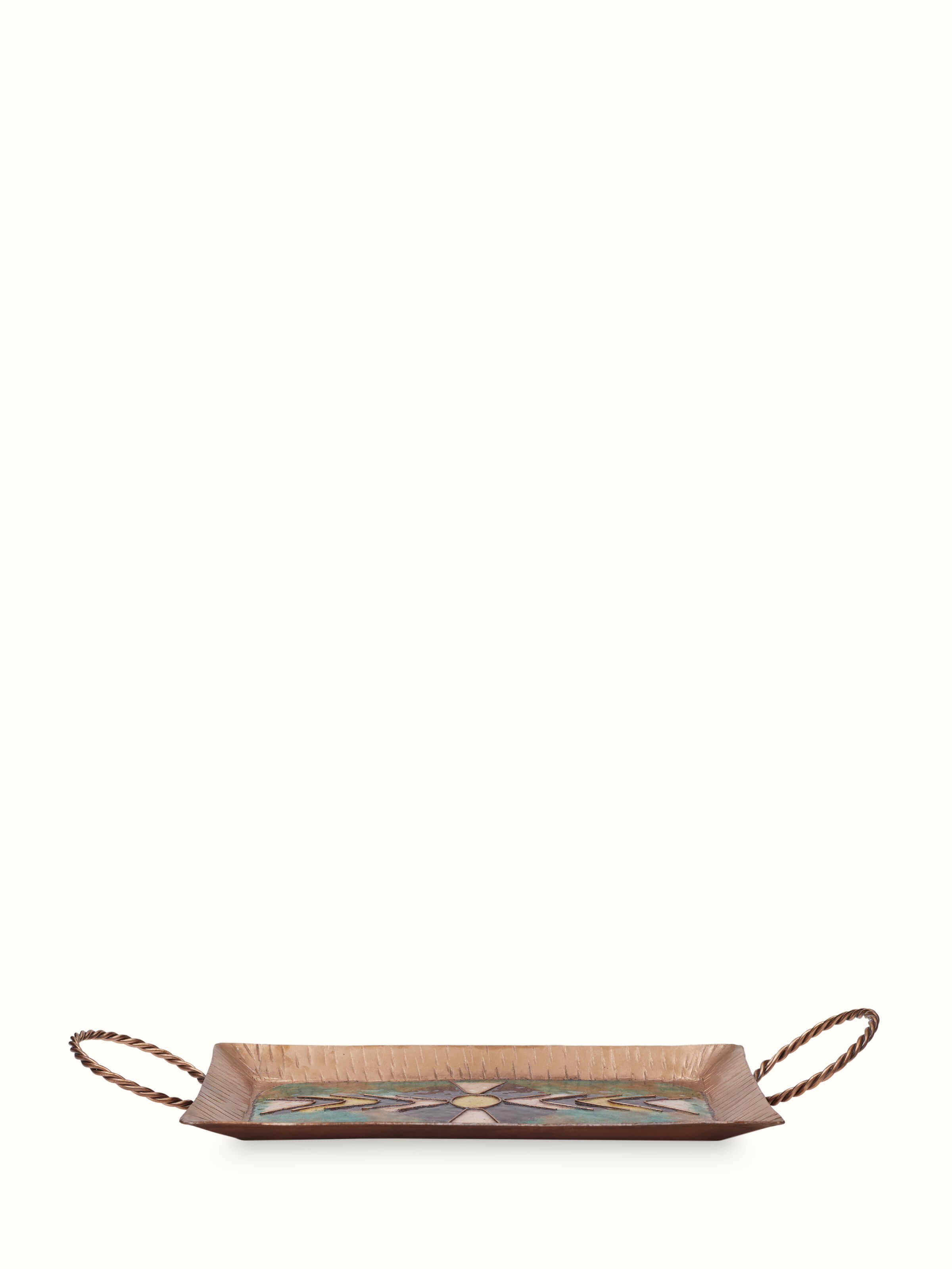 Front view of Copper Serving Tray with V-Shaped Pattern, showcasing the polished surface and geometric design