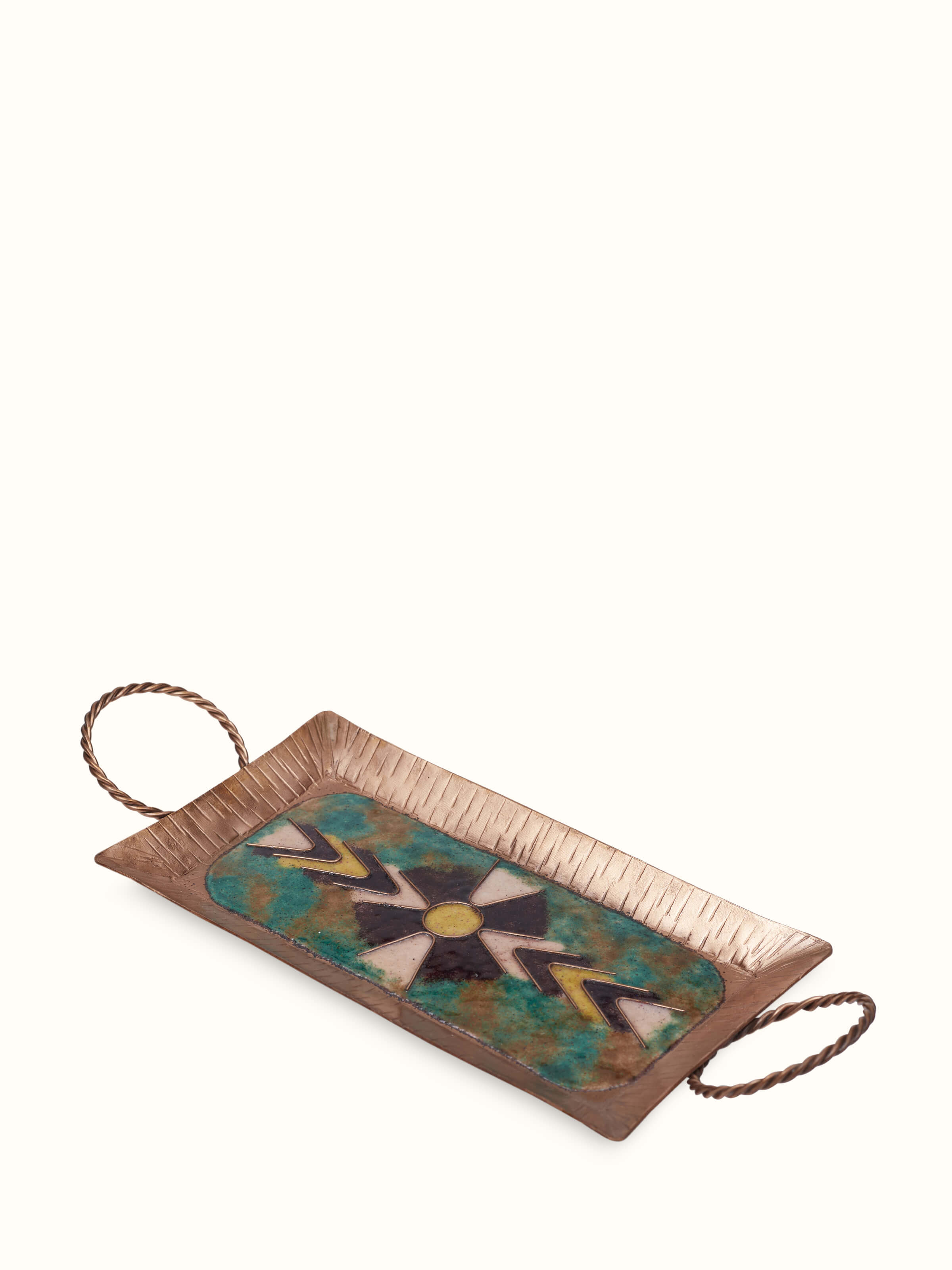 Angled view of Copper Serving Tray with V-Shaped Pattern, highlighting the v-shaped pattern and reflective finish