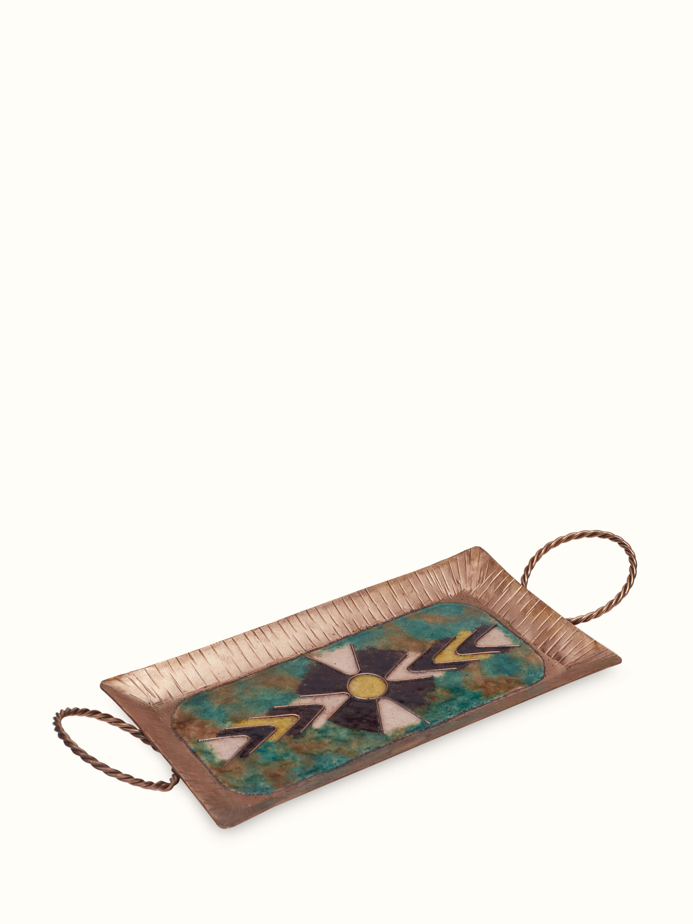 Close-up of Copper Serving Tray with V-Shaped Pattern, emphasizing the detailed craftsmanship and shiny texture