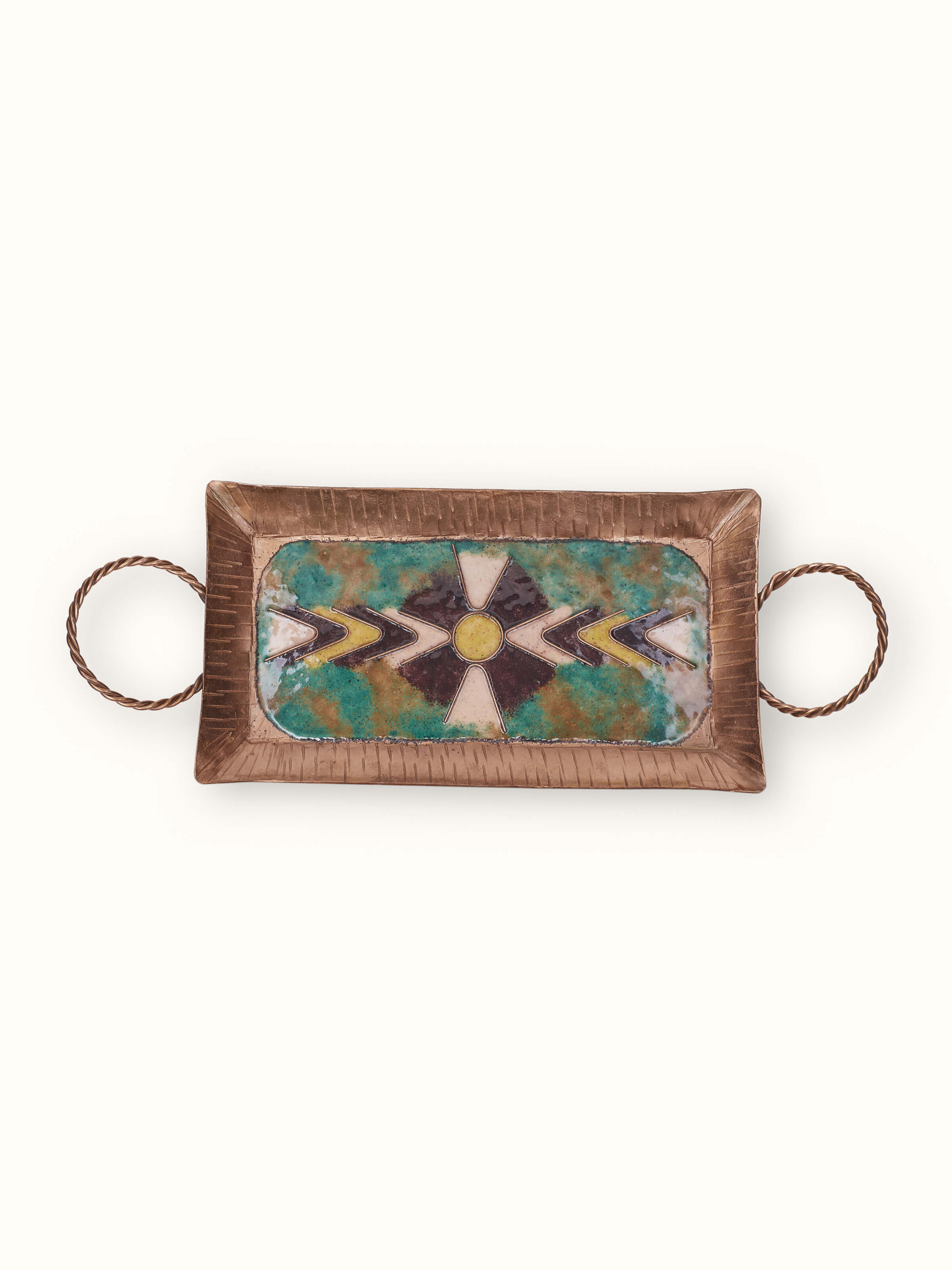 Side view of Copper Serving Tray with V-Shaped Pattern, displaying the edge design and overall shape