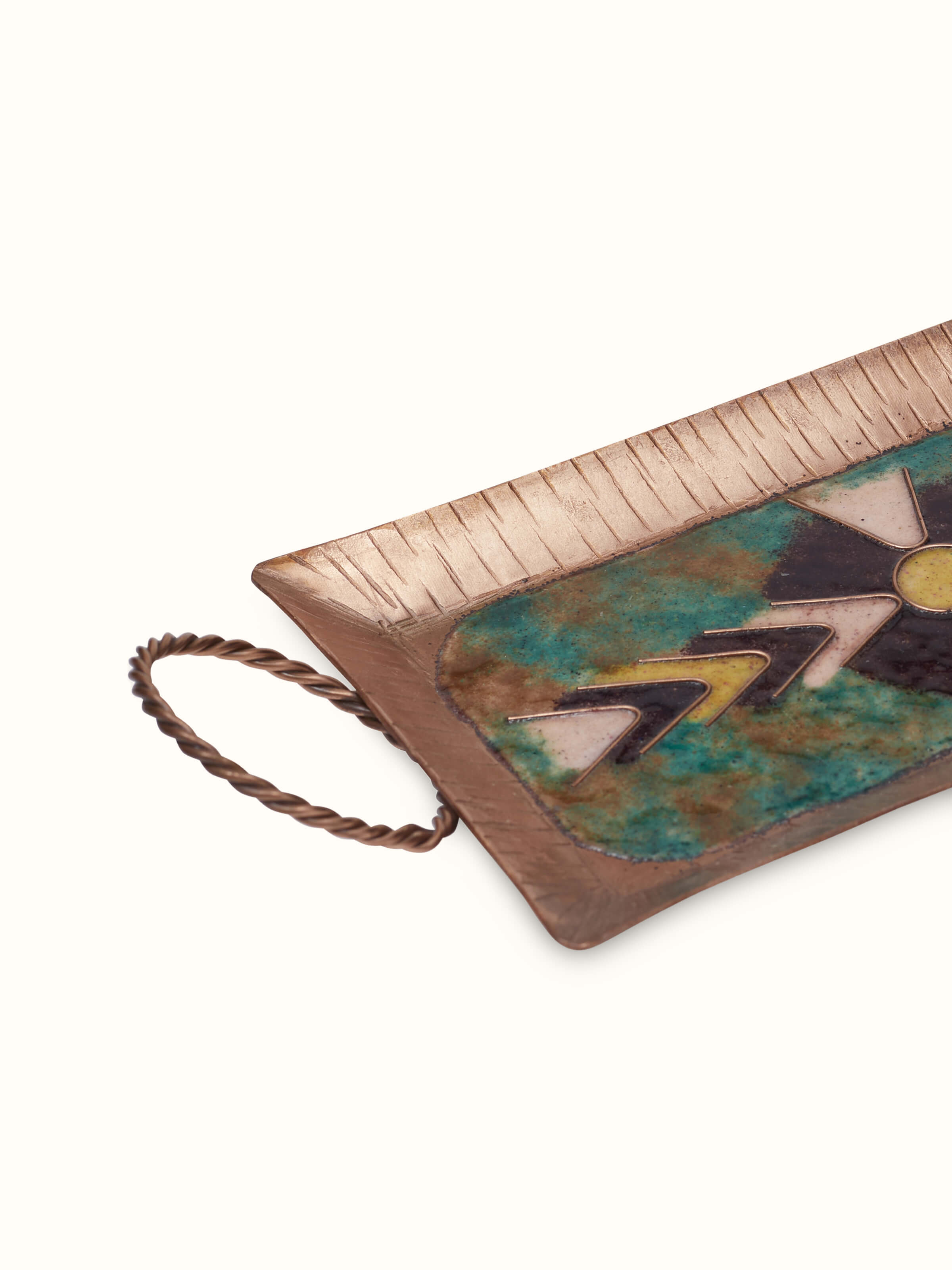Top view of Copper Serving Tray with V-Shaped Pattern, showcasing the full design and reflective quality of the tray