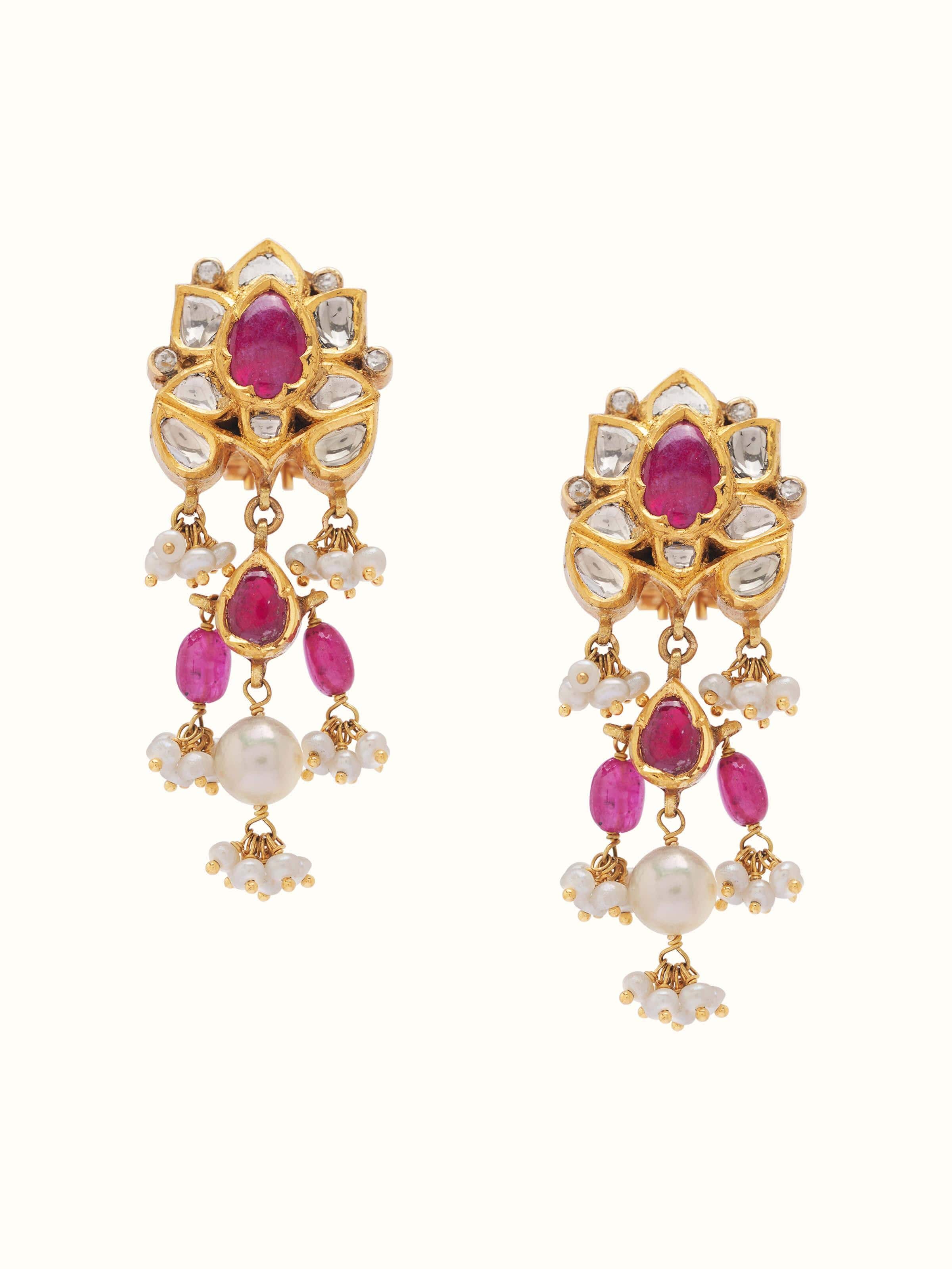 Front view of Jadau 18 Karat Gold Drop Earrings, showcasing luxury