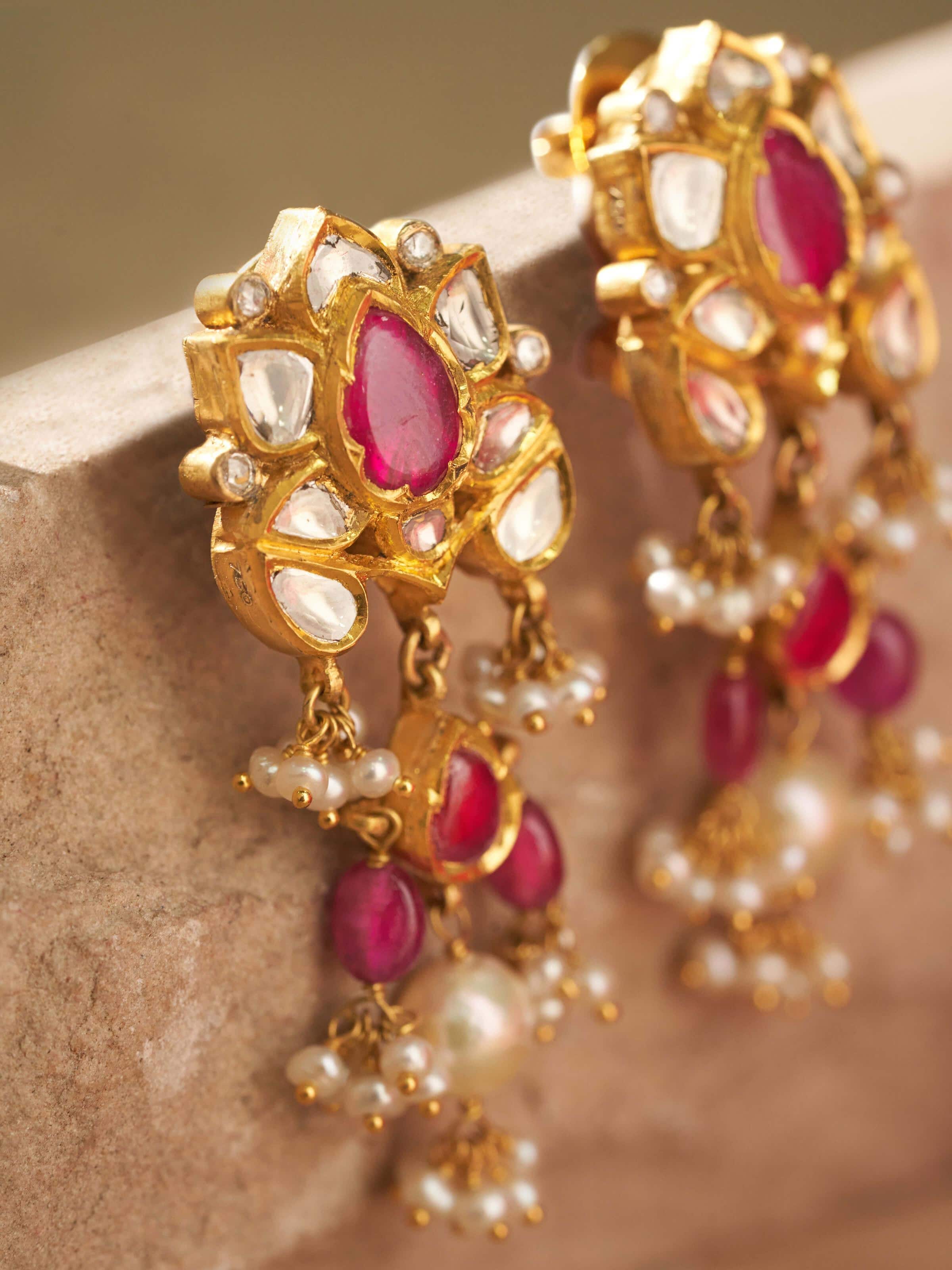 Overview of Jadau 18 Karat Gold Drop Earrings, showing design