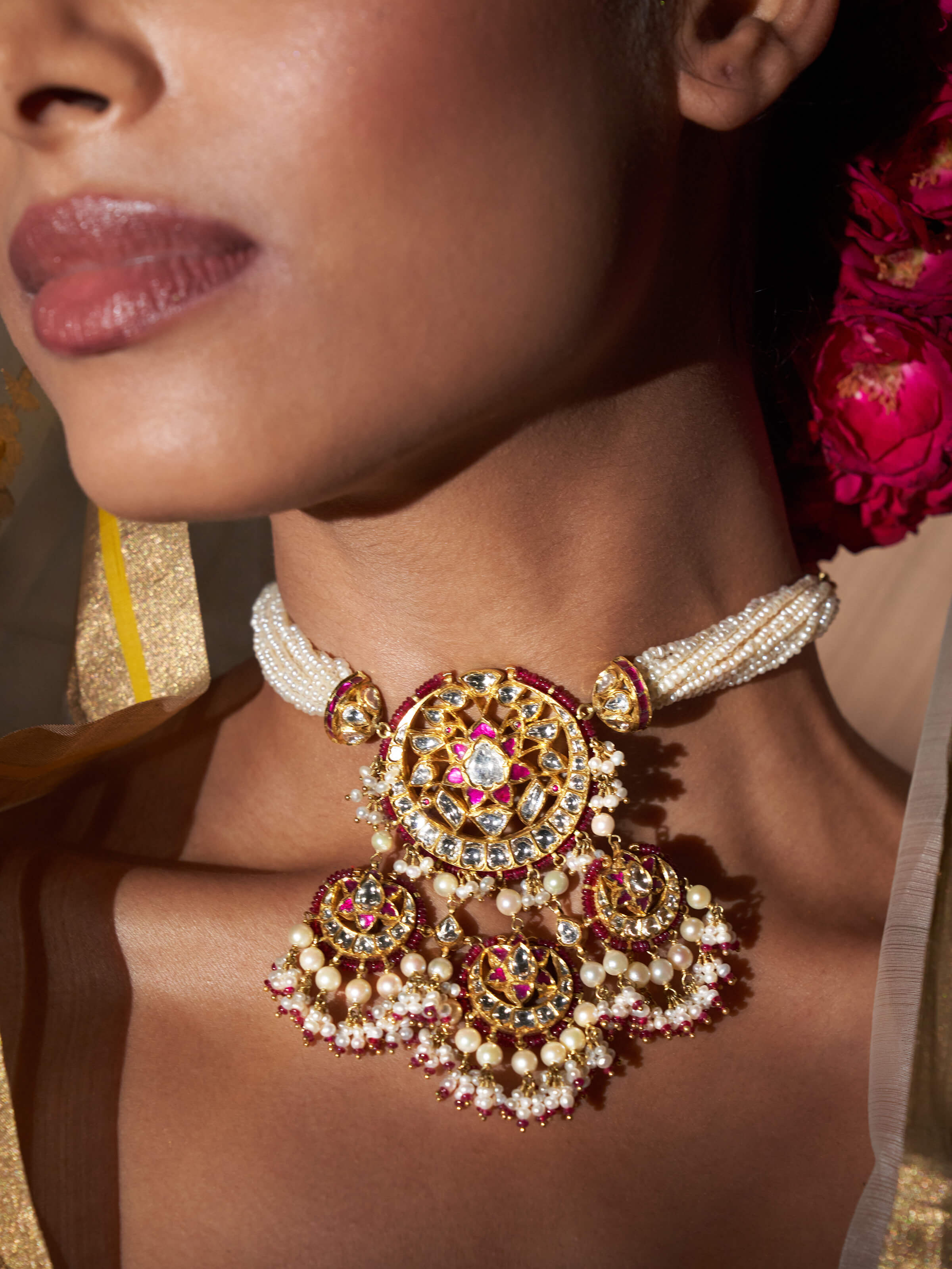 Close-up view of Jadau 18 Karat Gold Choker highlighting detailed goldwork and elegant design.