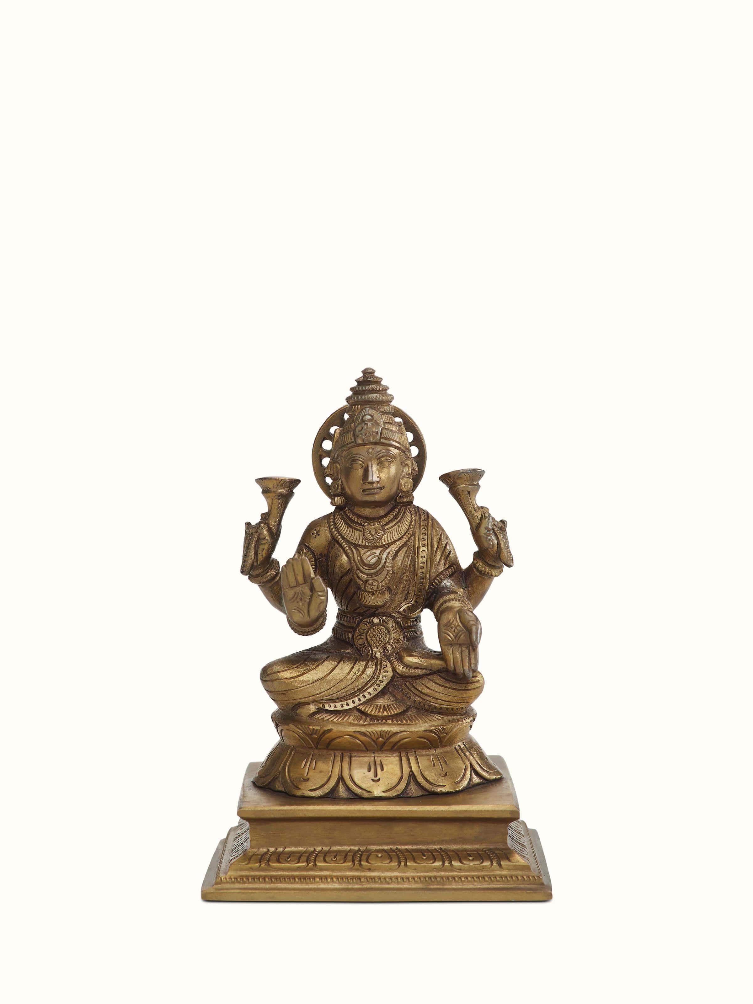 Front view of Lakshmi bronze casting idol showcasing the intricate bronze work and traditional design