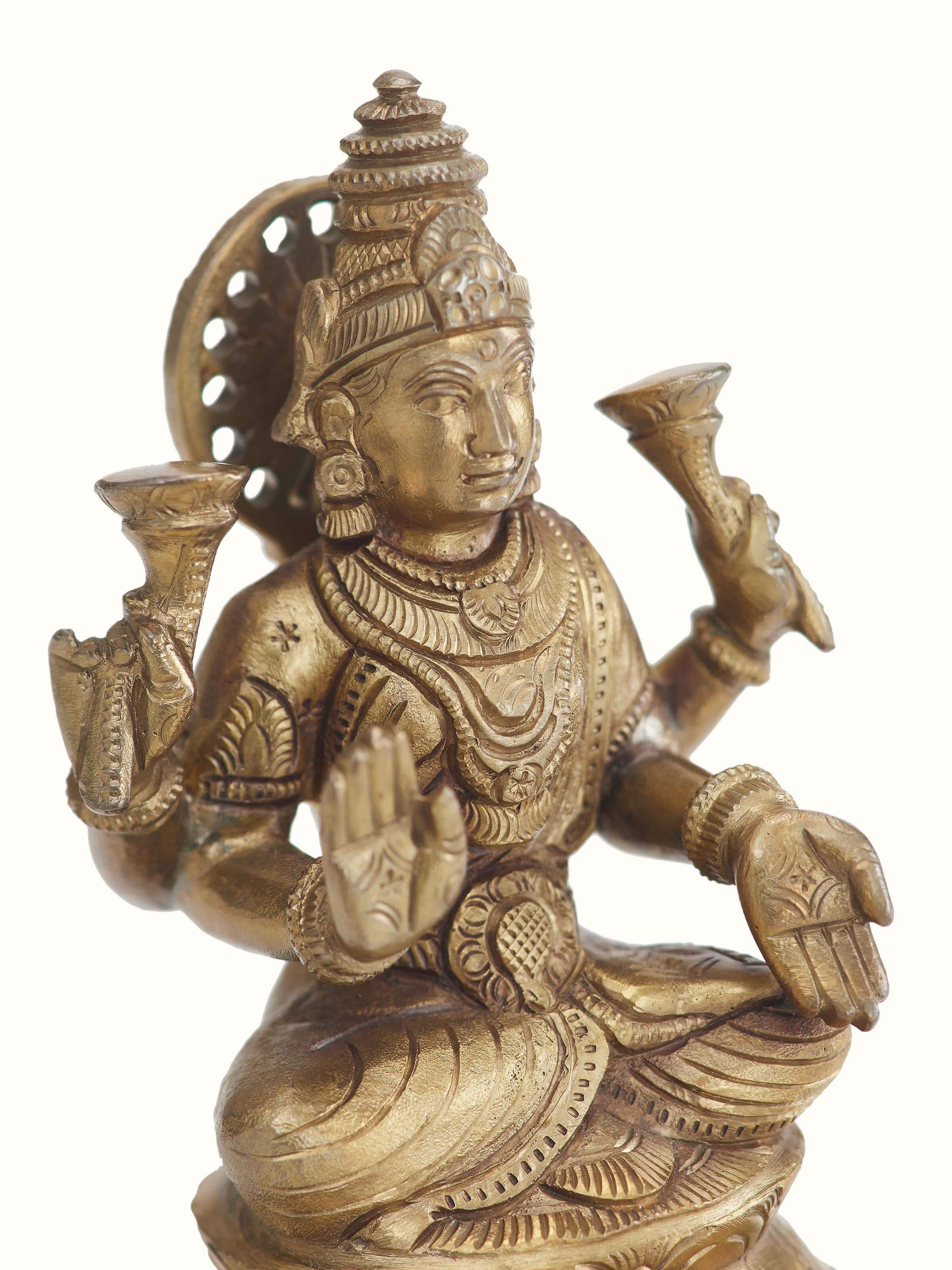 Close-up view of Lakshmi bronze casting idol showcasing the fine bronze work and intricate design