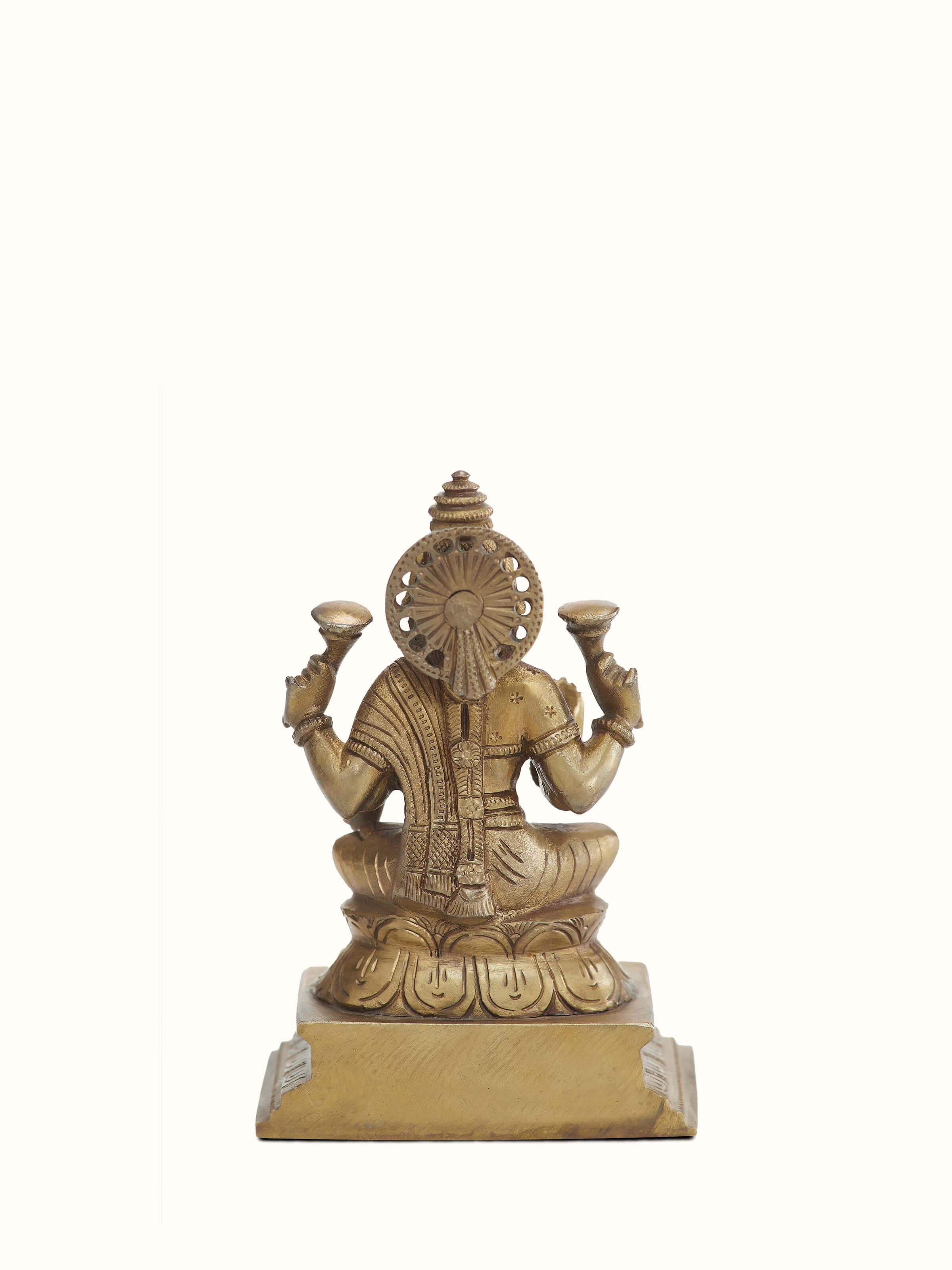 Detailed view of Lakshmi bronze casting idol highlighting the elegant design and detailed bronze craftsmanship