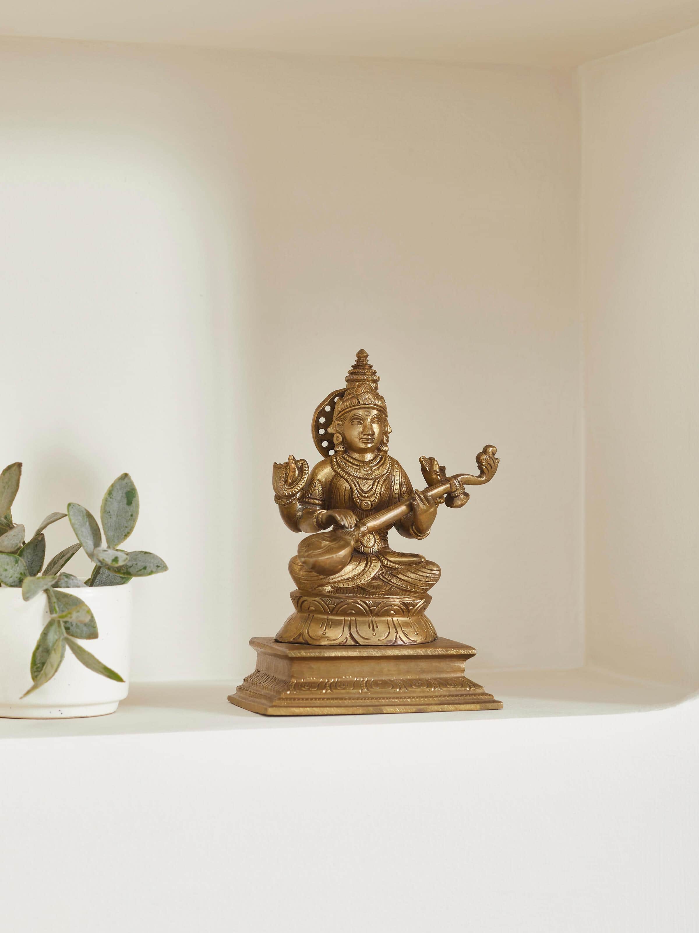 Close-up of Saraswathi bronze casting idol highlighting fine details and the artistic finish