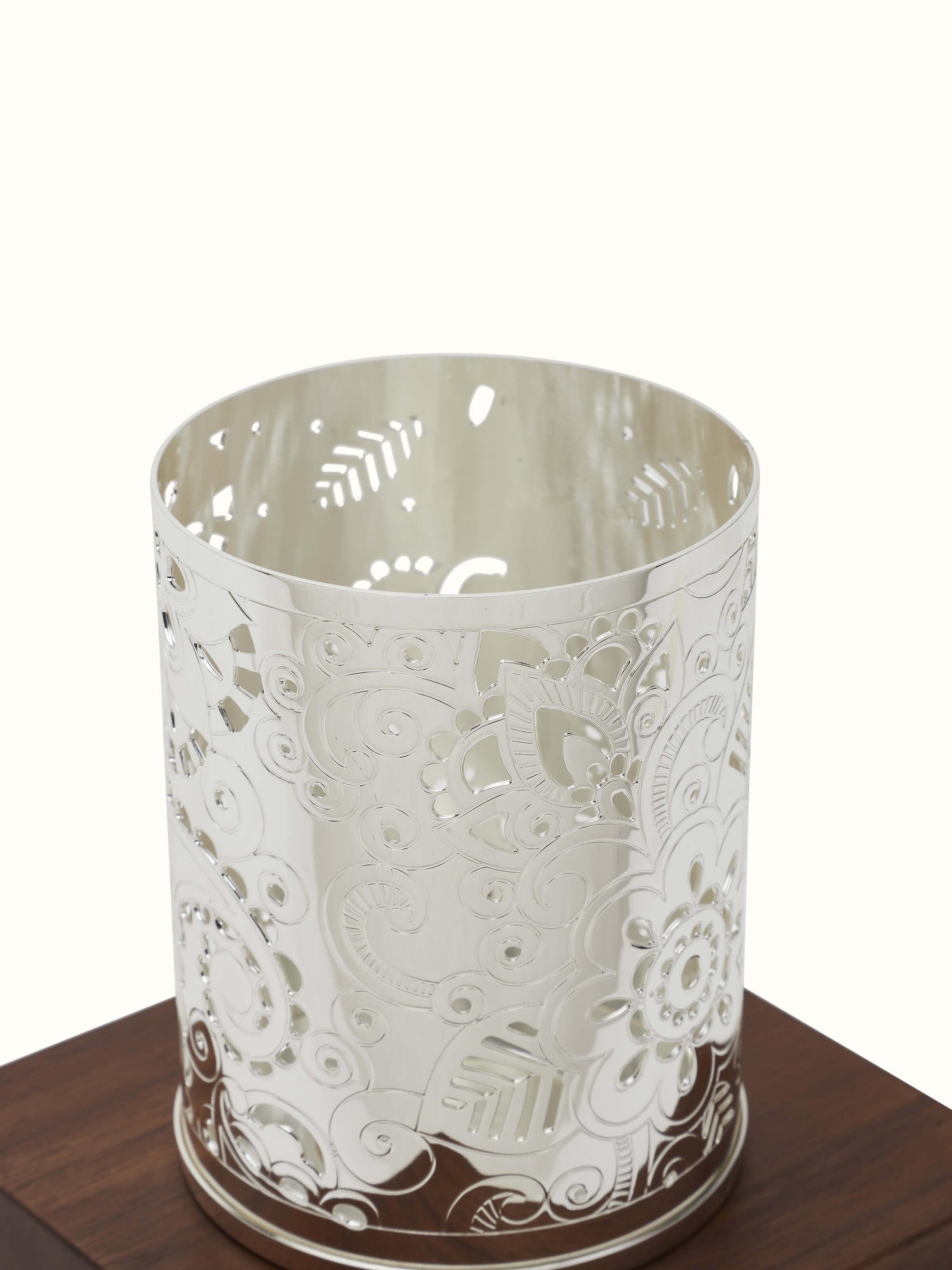 Detailed view of Silver-Plated Round Paisley Tea Light Holder from above.