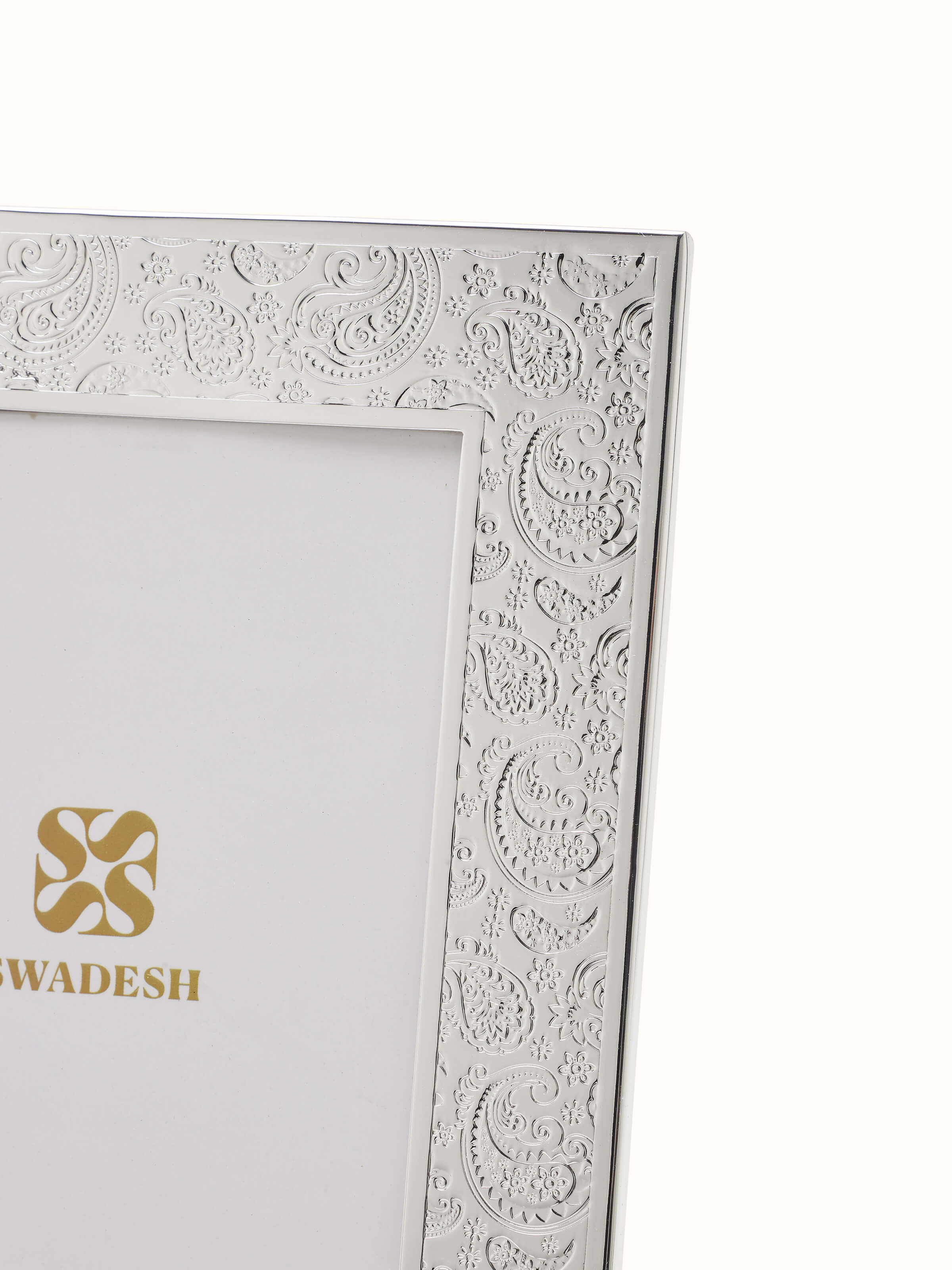 Close-up of Silver-Plated Paisley Rectangular Photo Frame (11 x 9 inches) focusing on paisley details
