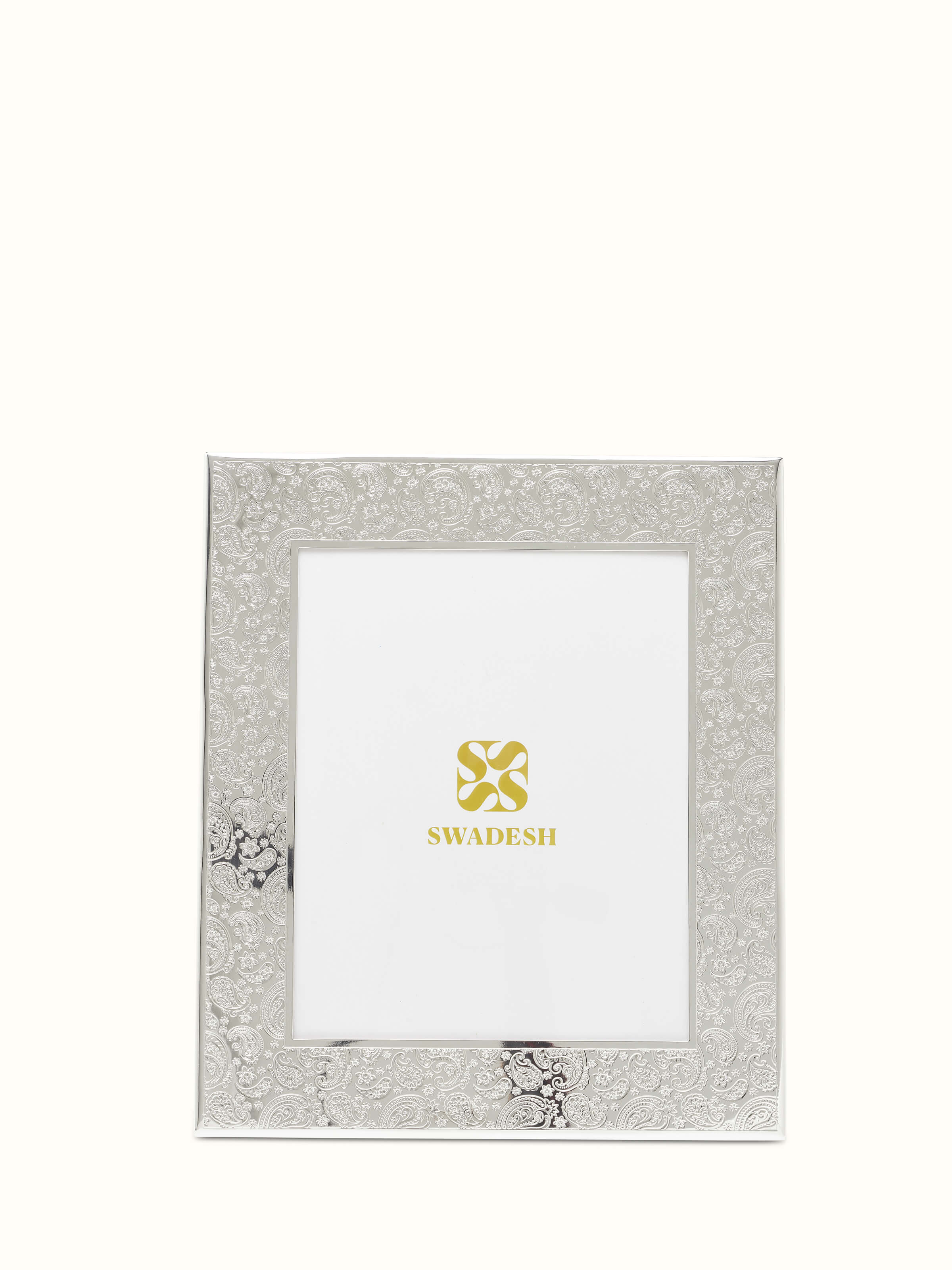 Front view of silver-plated paisley rectangular photo frame (15 x 13 inches) highlighting ornate paisley design