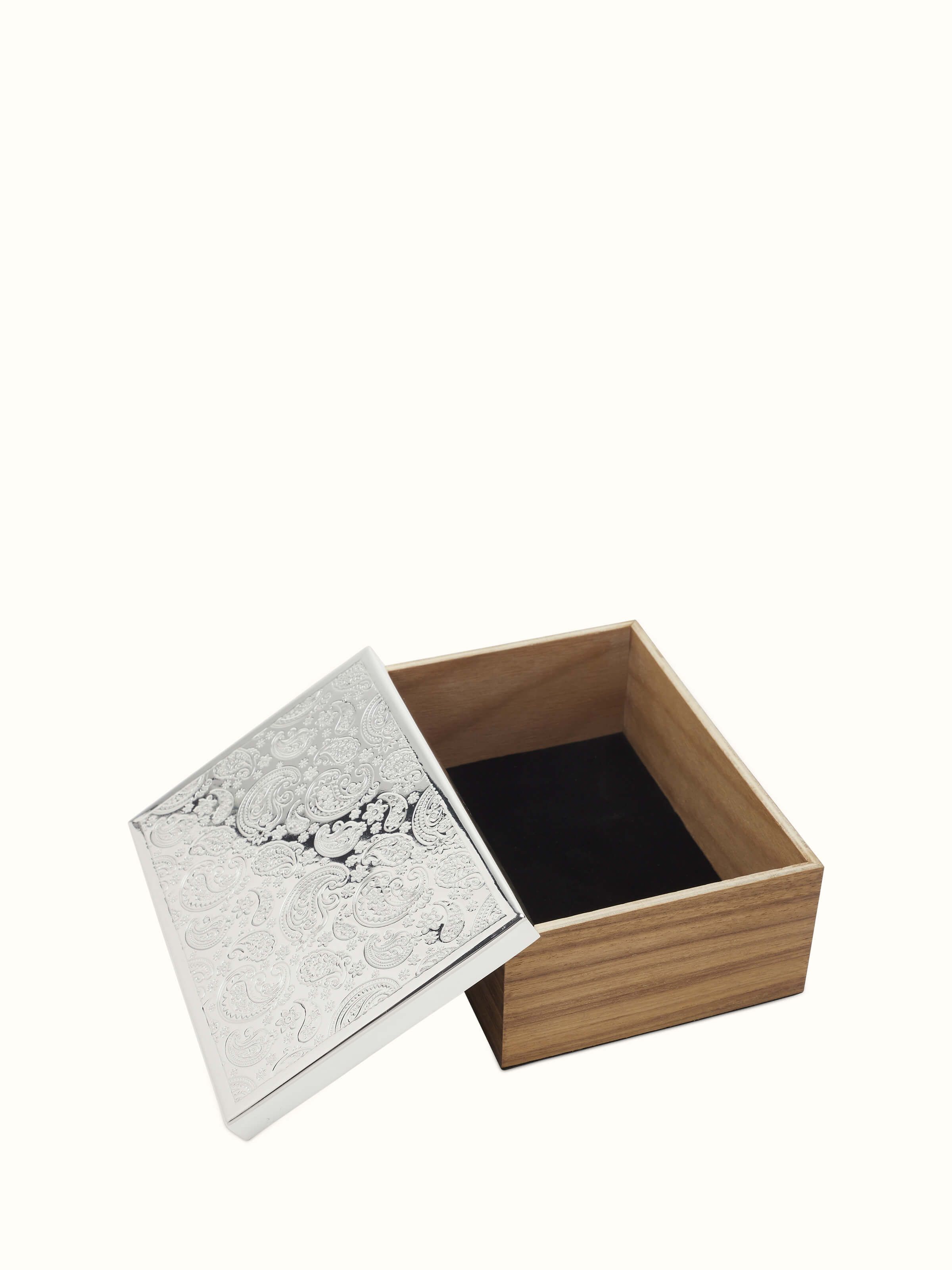 Top view of silver-plated paisley rectangular box displaying intricate paisley motifs