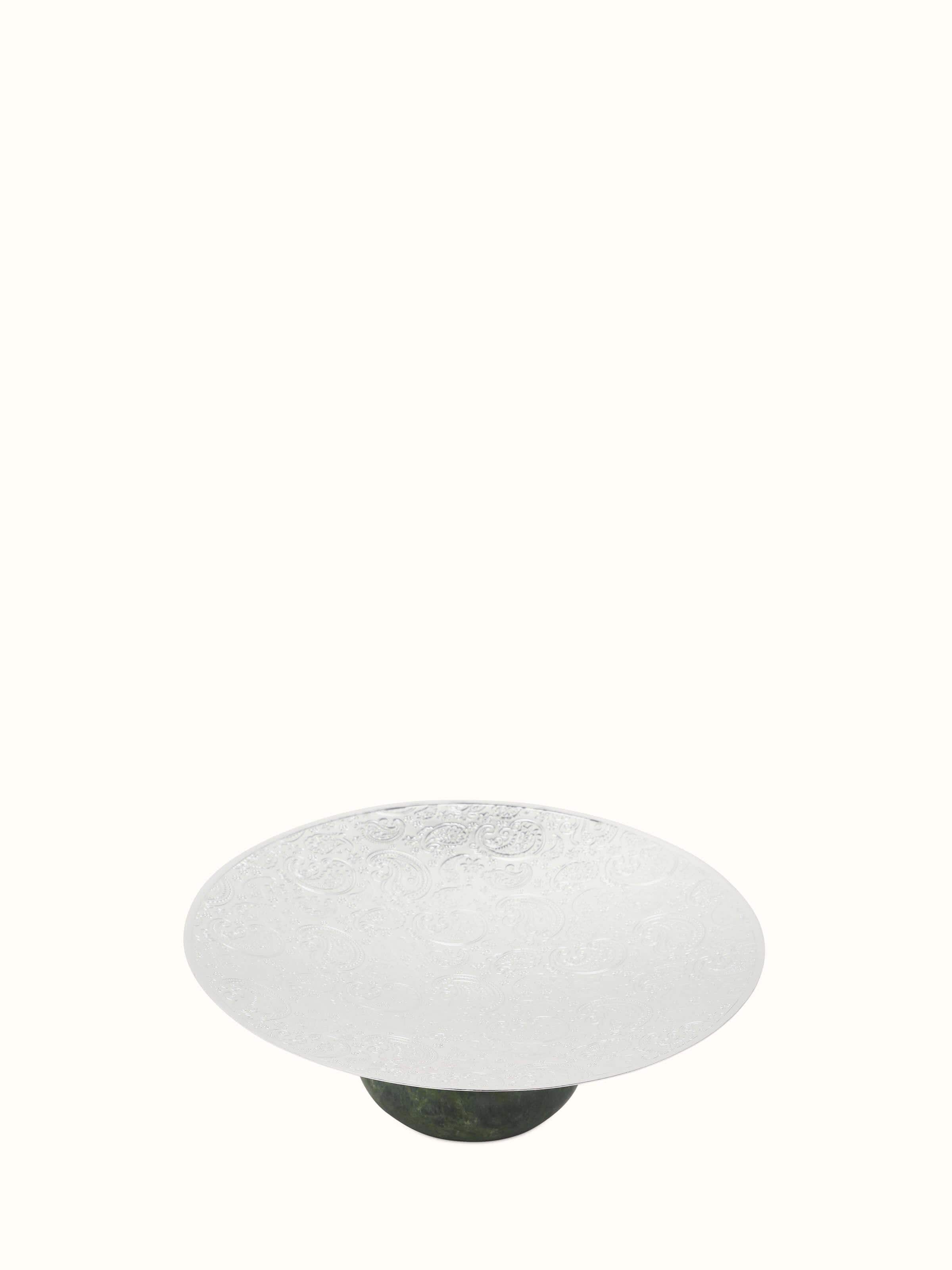 Side view of Silver-Plated Paisley Round Platter, showing the detailed paisley pattern and reflective surface.