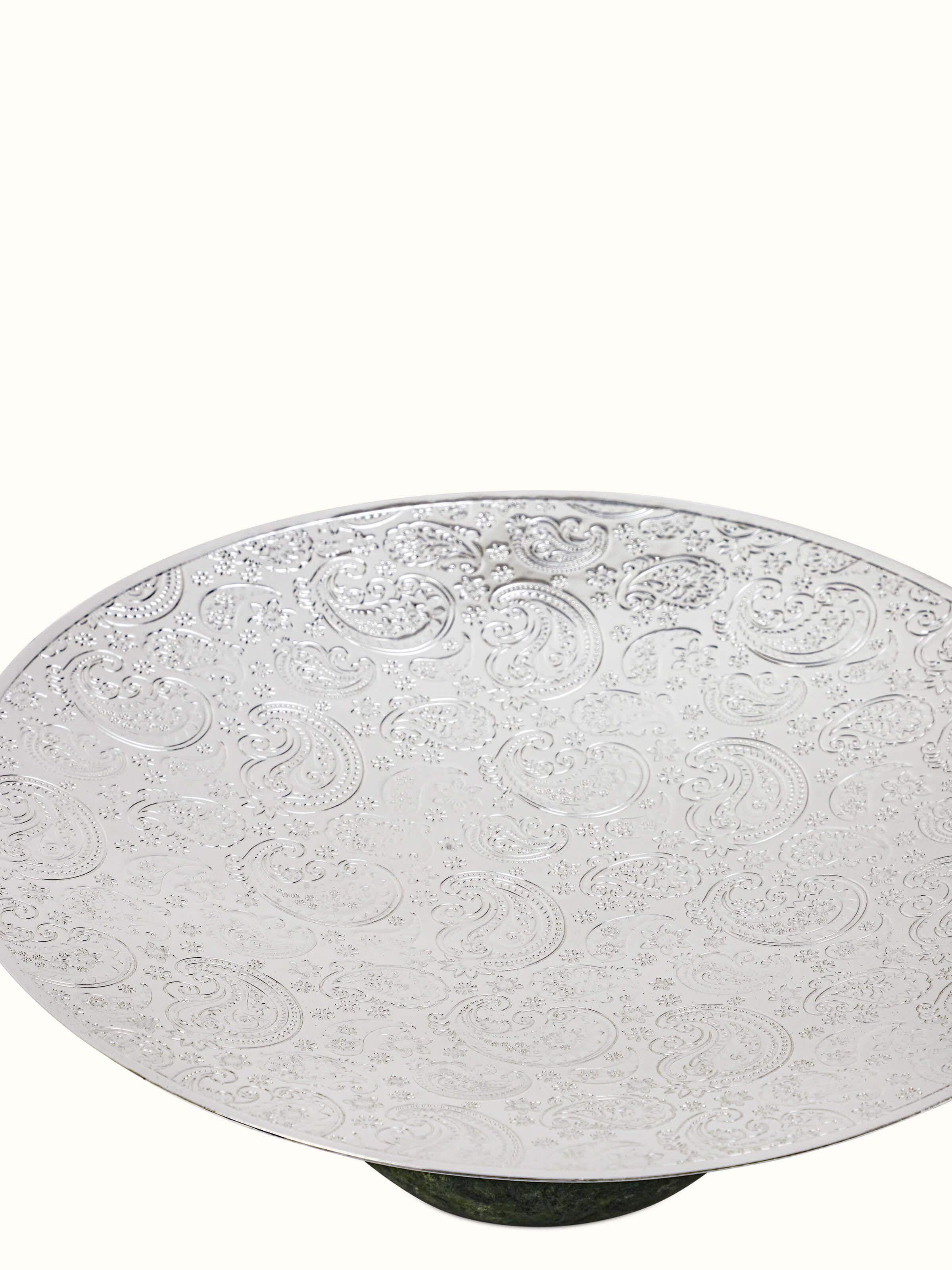 Detailed view of Silver-Plated Paisley Round Platter, emphasizing the intricate design and high-quality plating.