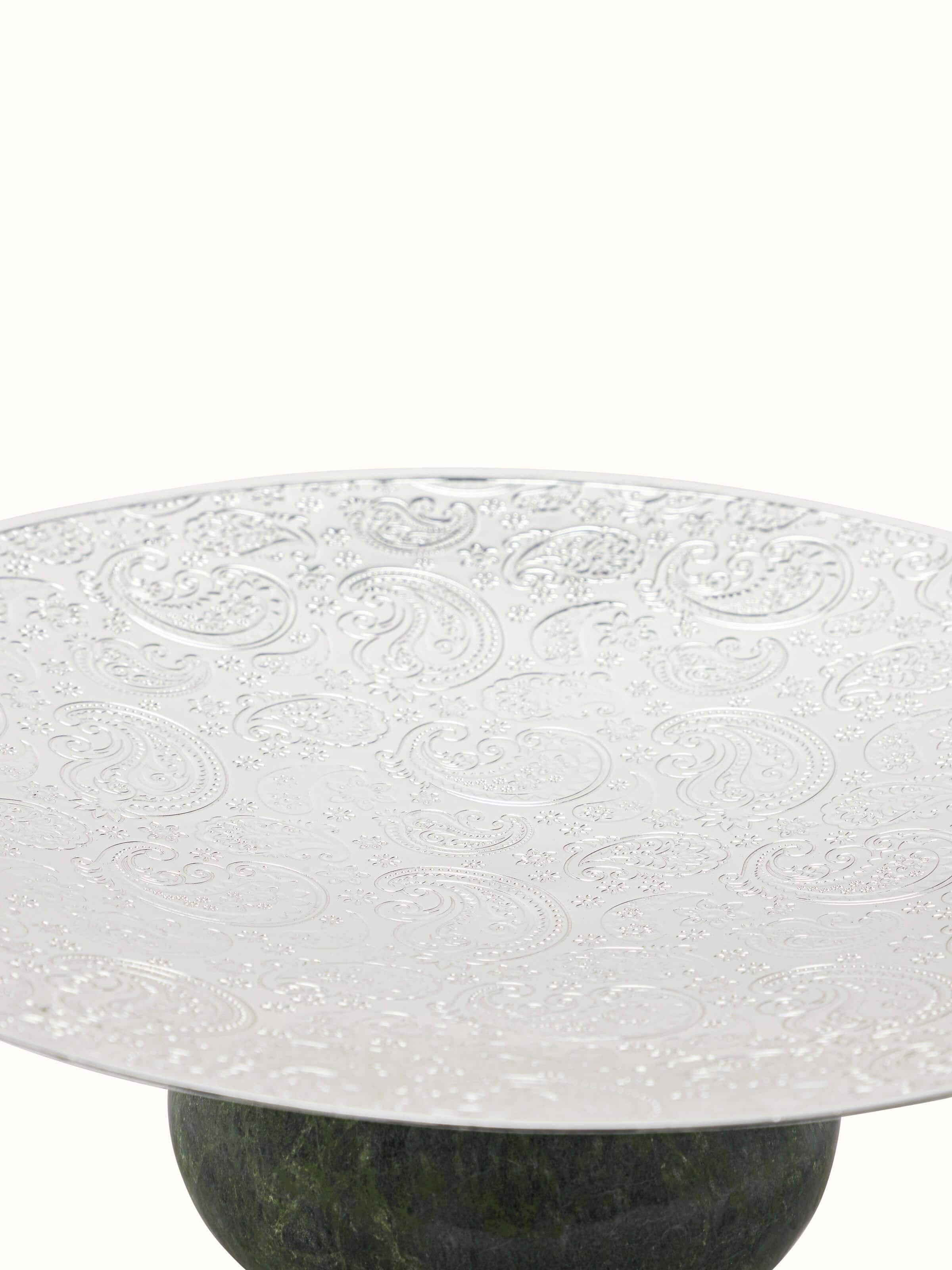 Angled view of Silver-Plated Paisley Round Platter, capturing the design and reflective finish from a different angle.