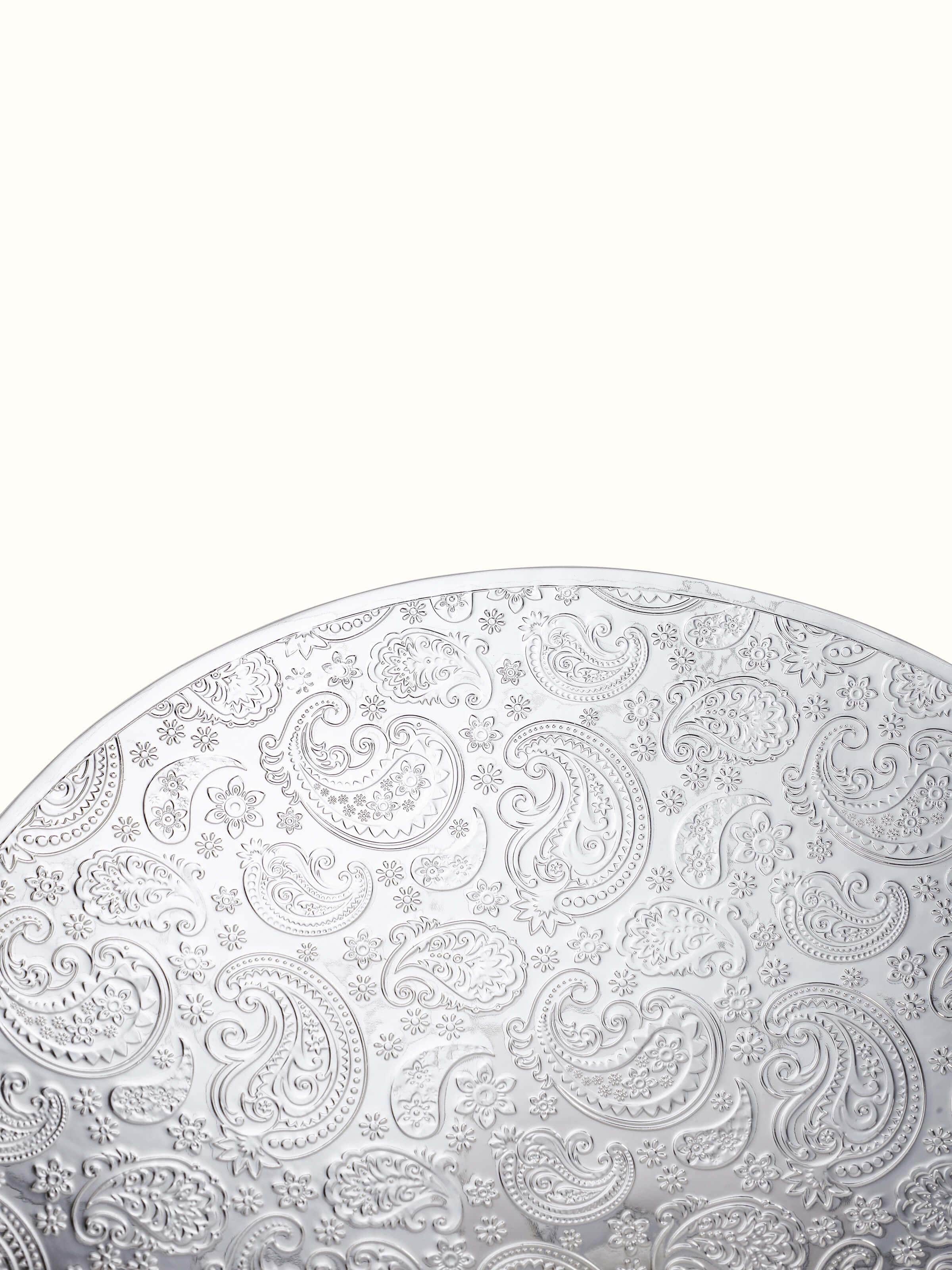 Top view of Silver-Plated Paisley Round Platter, showcasing the full paisley design and elegant round shape.