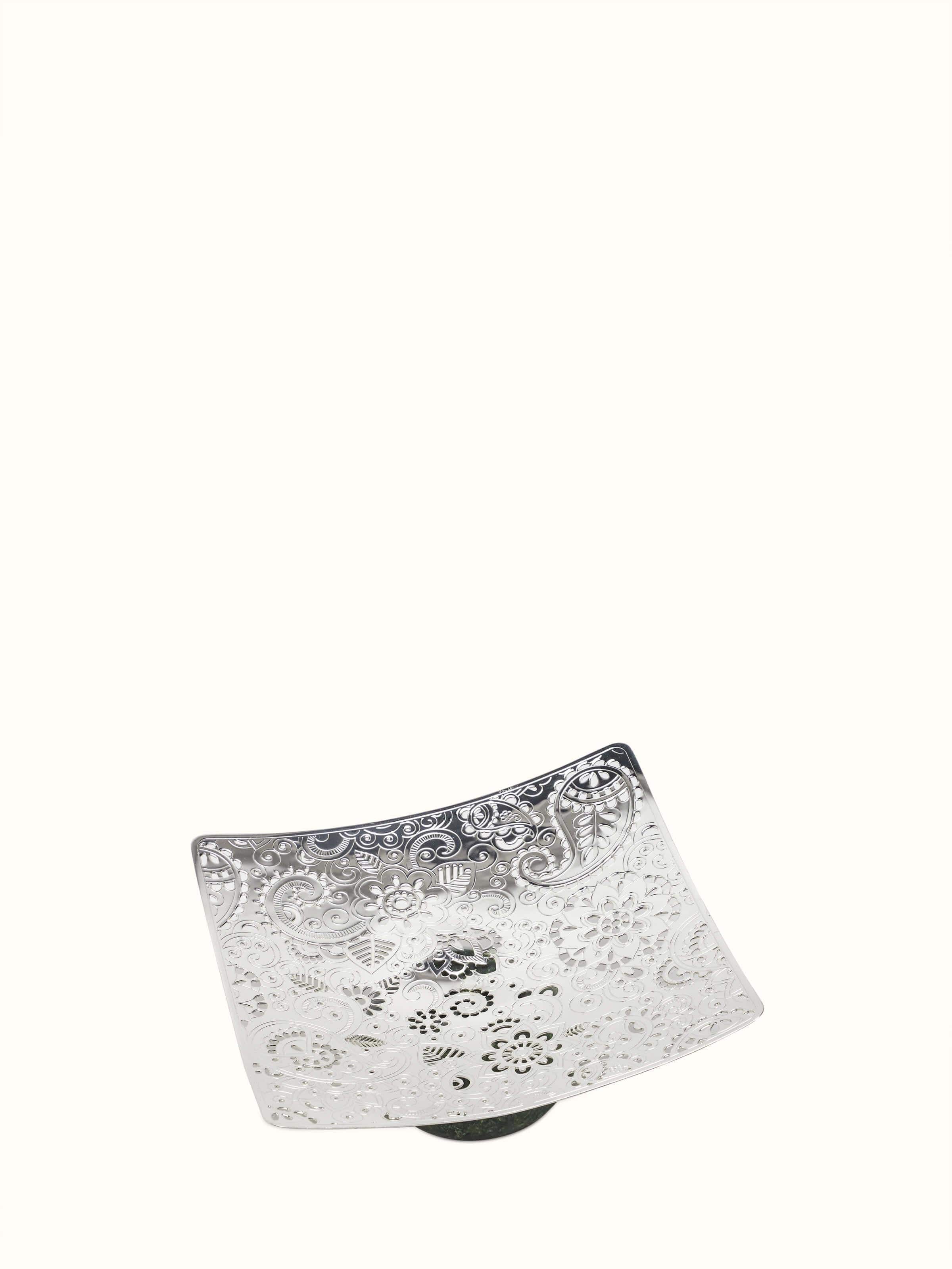 Angled view of Silver-plated paisley square platter (10 x 10 inches) showing the detailed paisley patterns and elegant shine