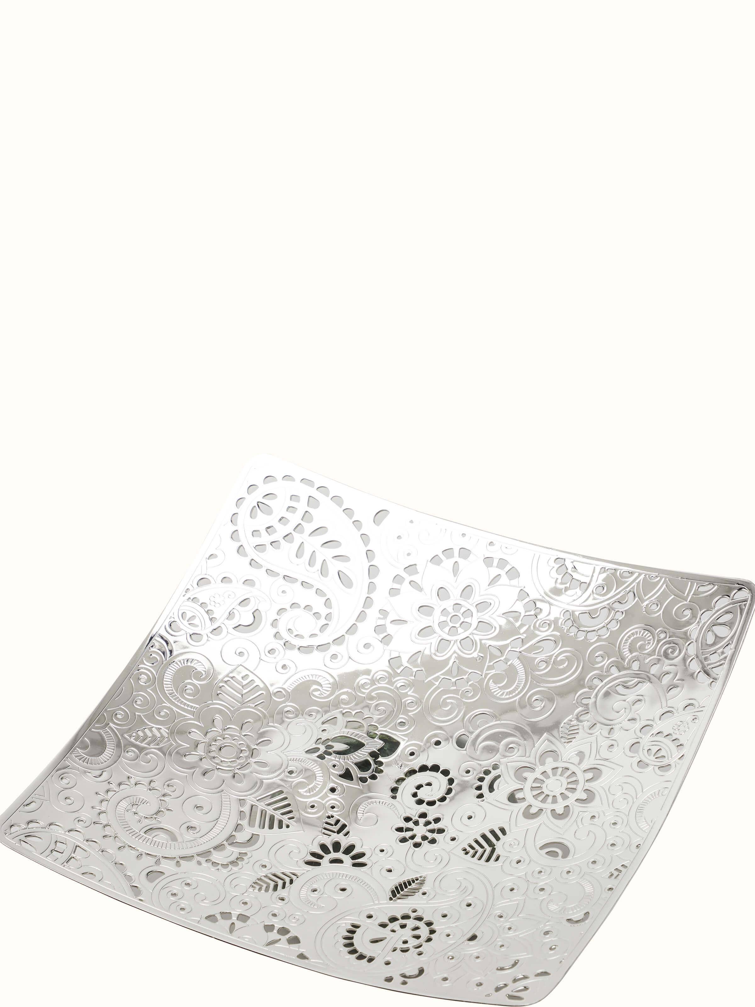 Side view of Silver-plated paisley square platter (10 x 10 inches) highlighting the depth and detailed craftsmanship of the platter
