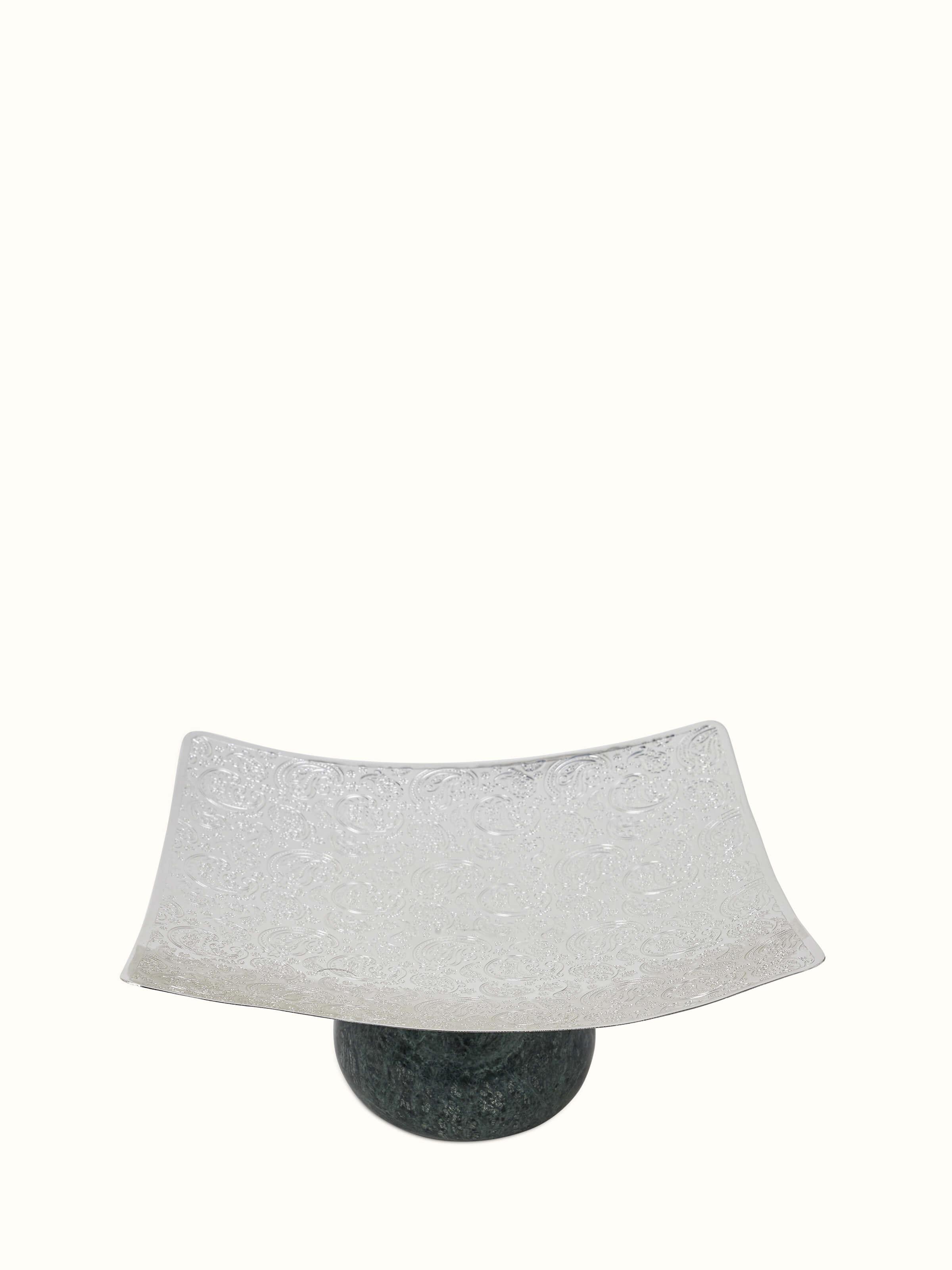 Front view of silver-plated paisley square platter showcasing intricate paisley design.