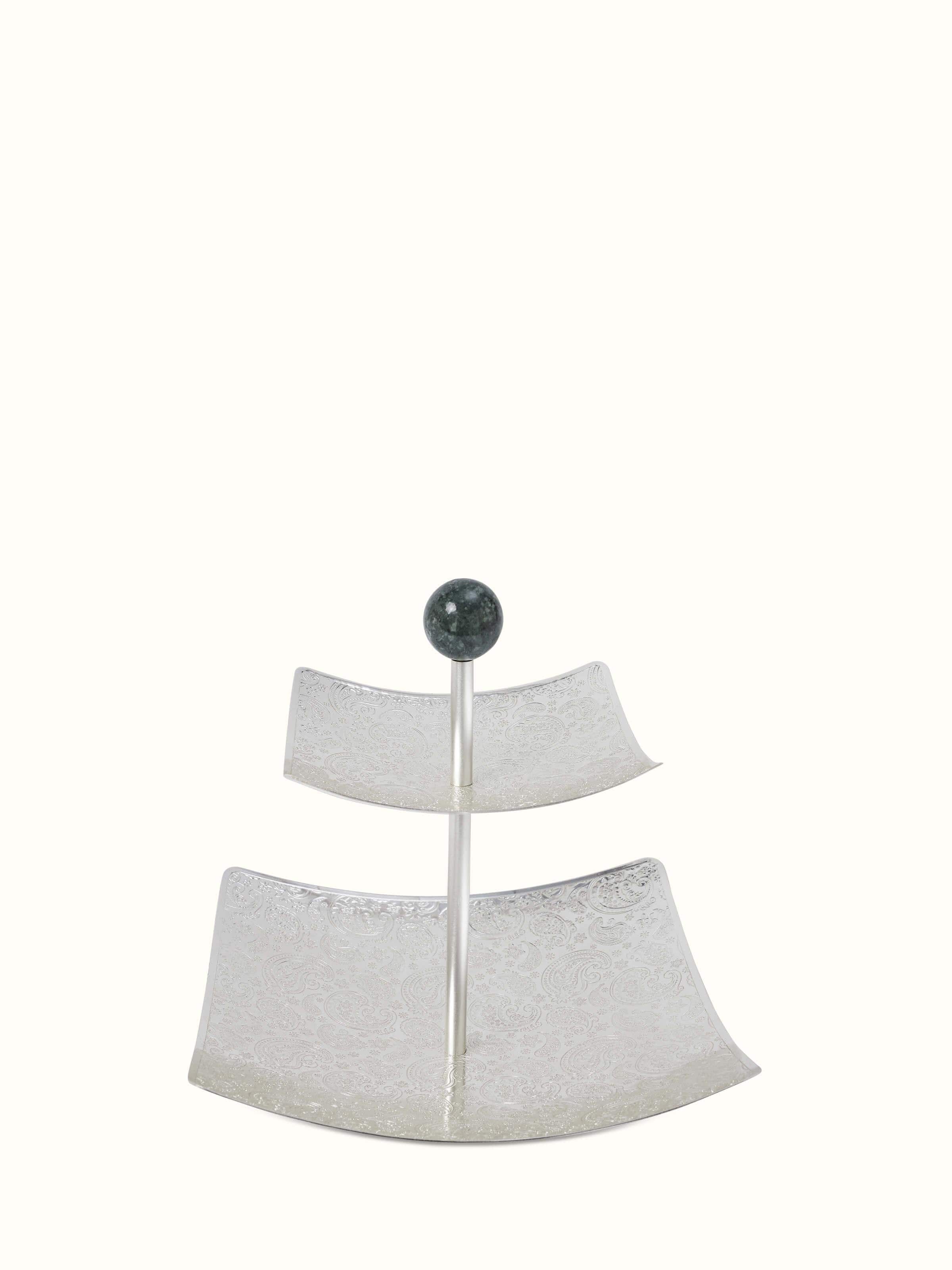 Front view of silver-plated paisley 2-tier square platter showcasing elegant design and high polish