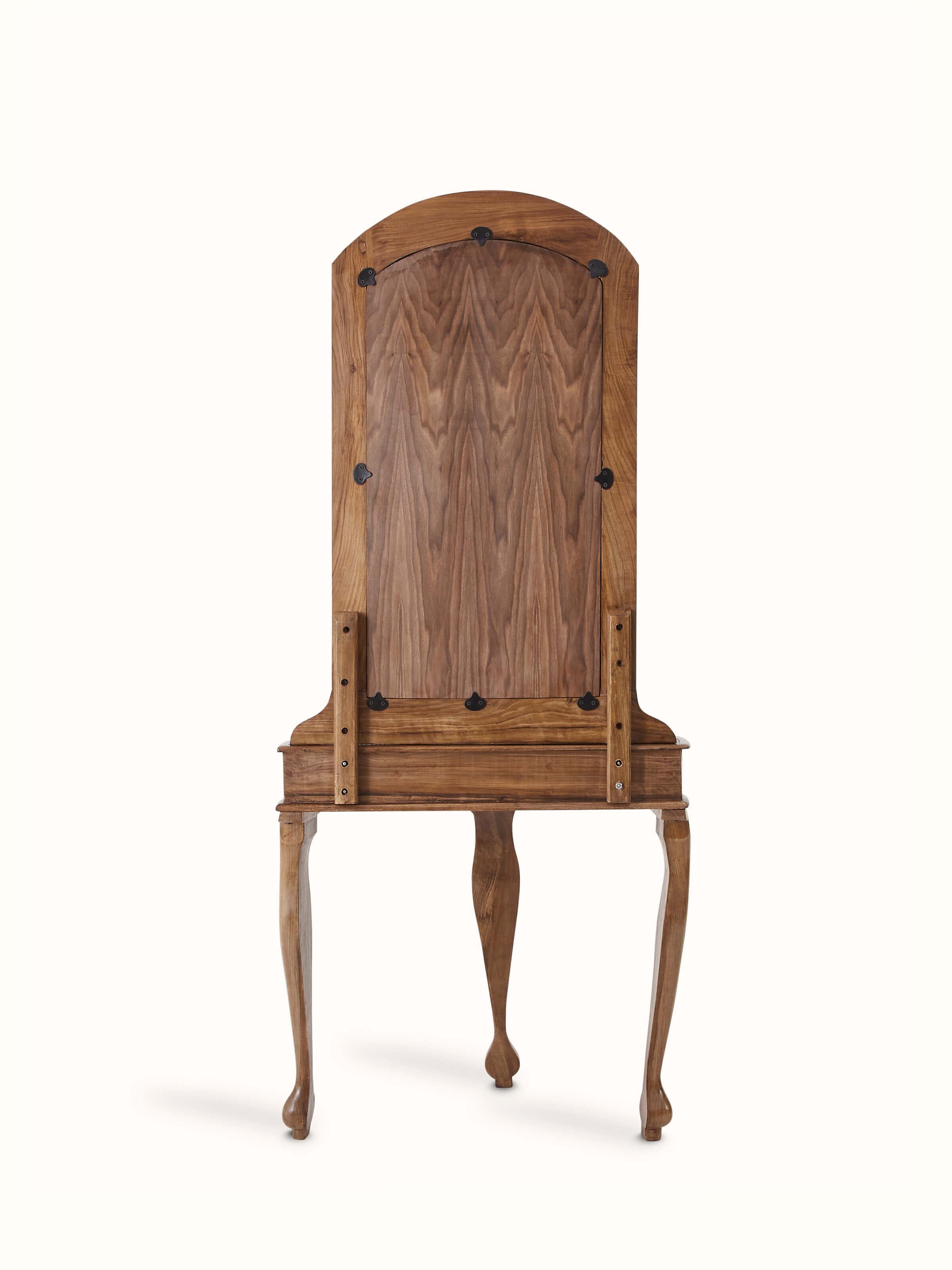 Additional view of the carved walnut wood and glass dressing table, displaying the detailed craftsmanship and overall design