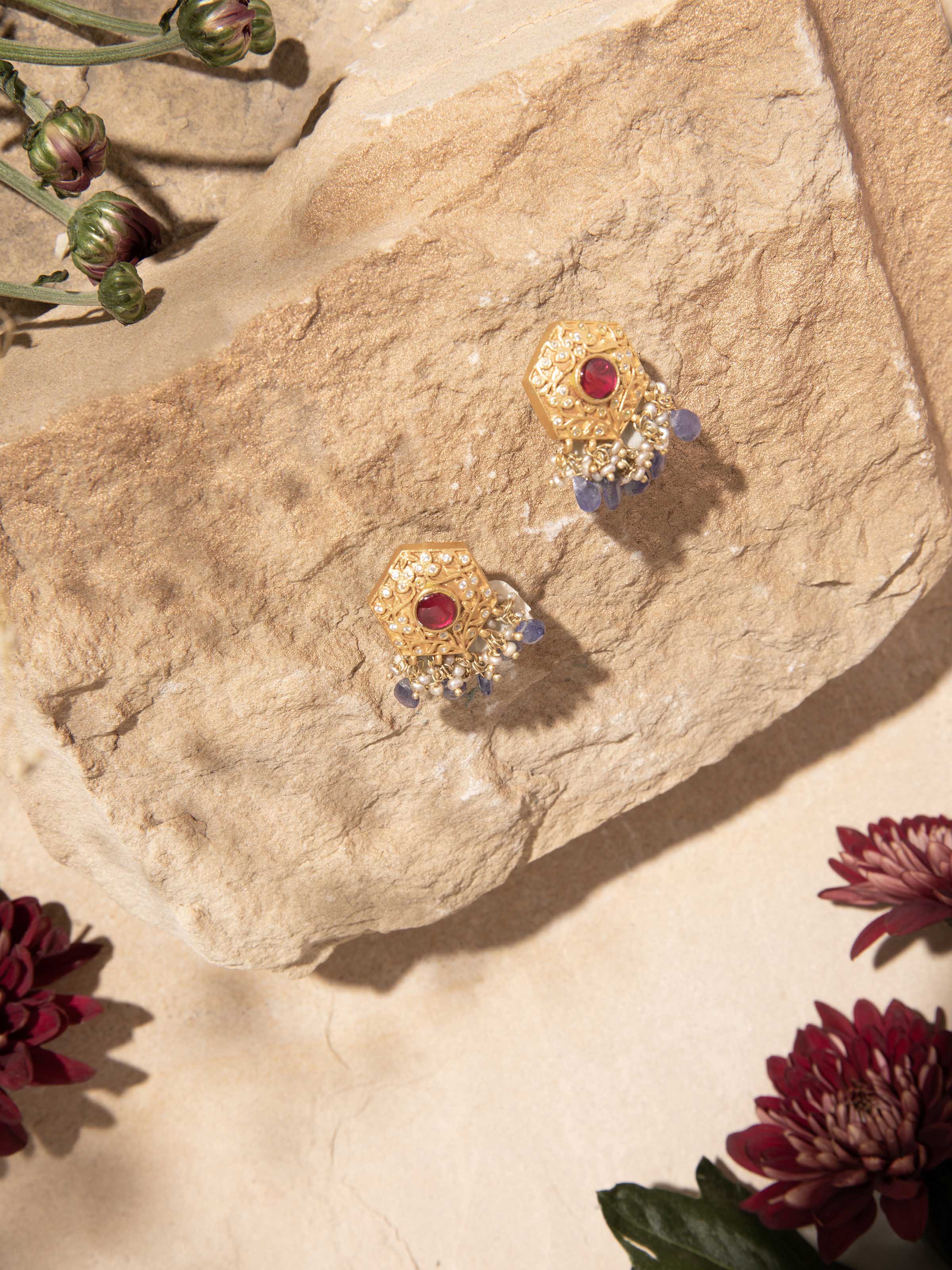 Close-up of Silver Smithing Drop Earrings by Swadesh showing detailed craftsmanship and polished silver surface