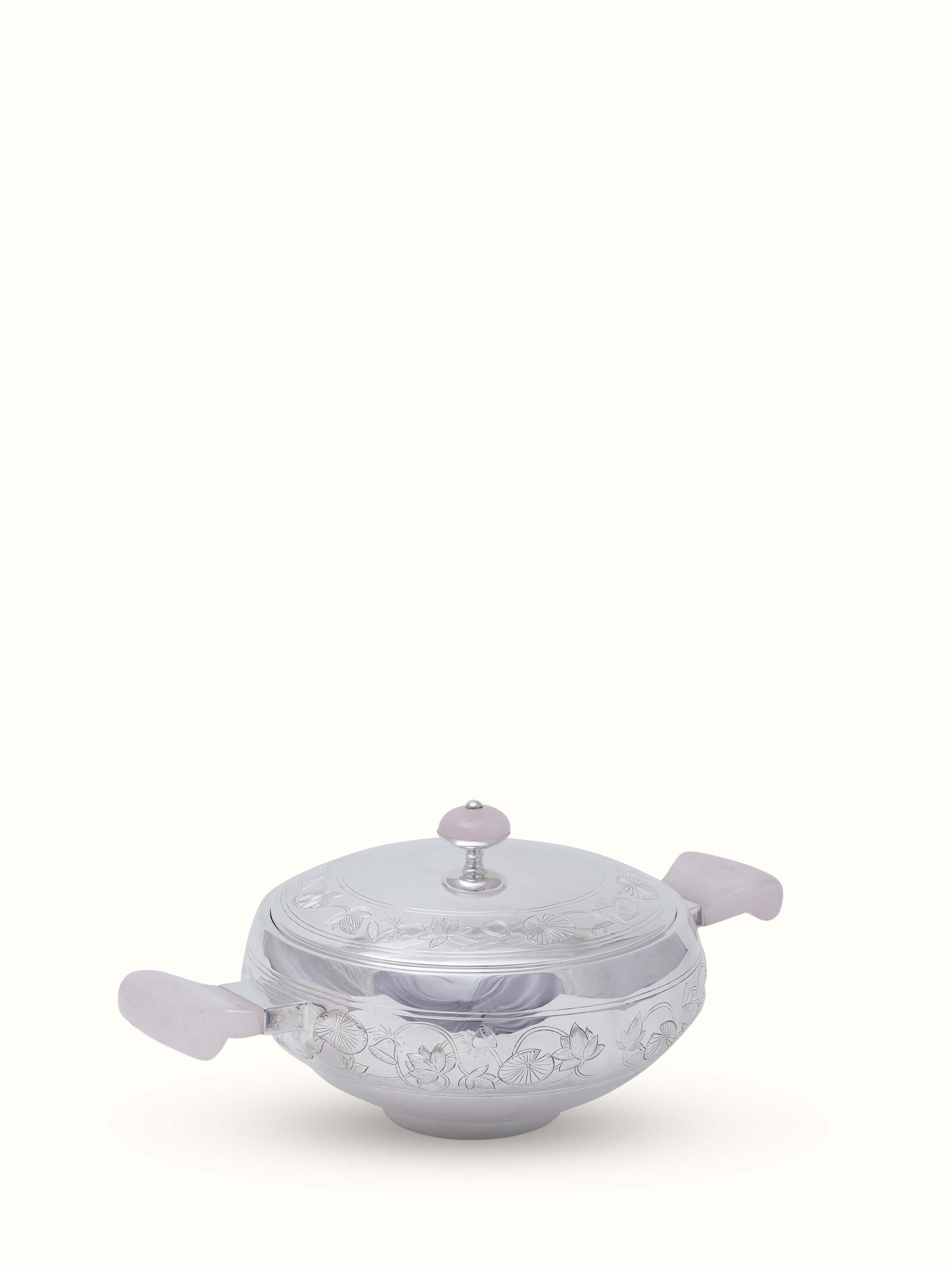Front view of Silver Round Serving Bowl featuring a sleek, polished surface.