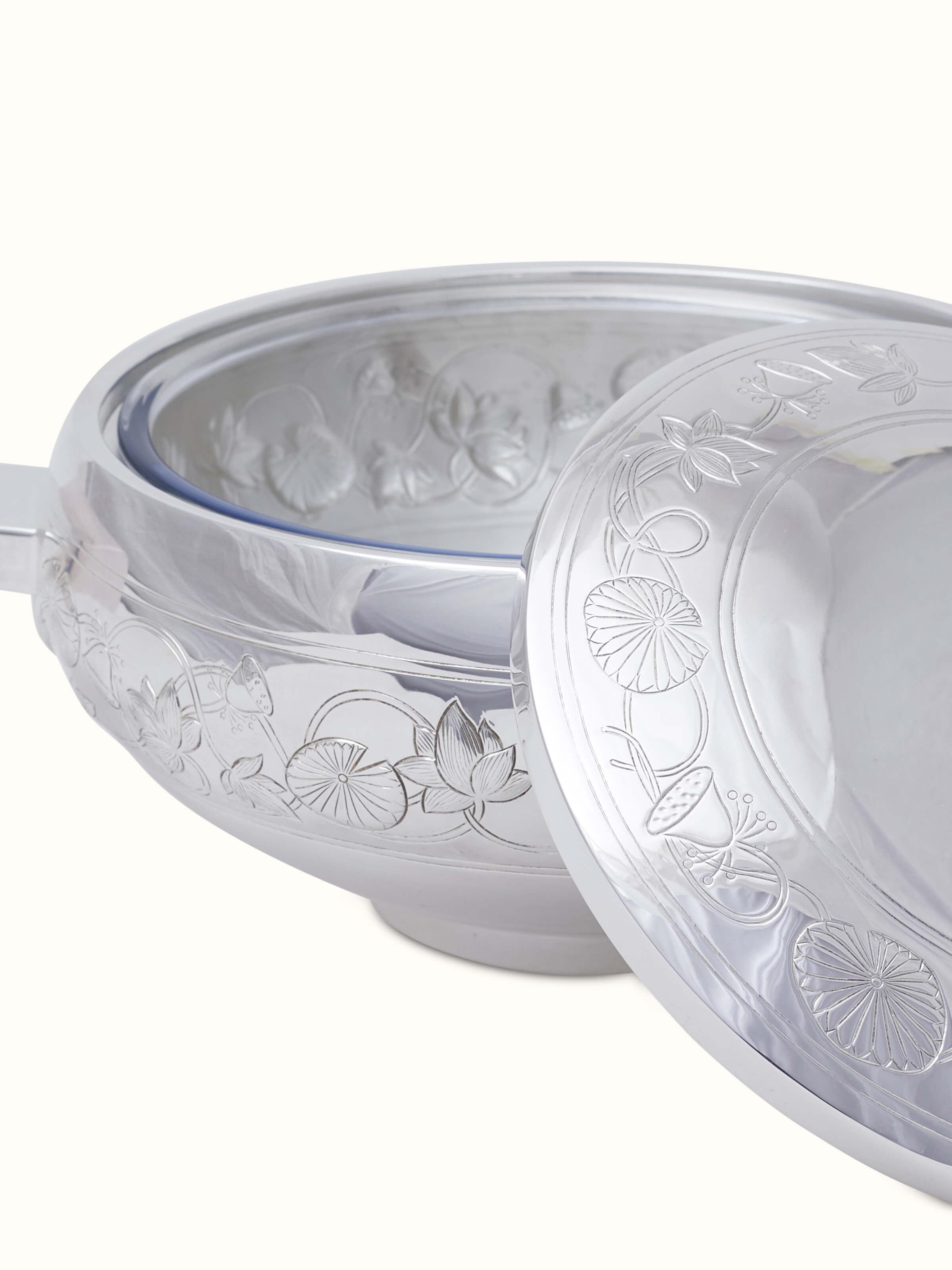 Full view of Silver Round Serving Bowl capturing its elegant shape and shine.