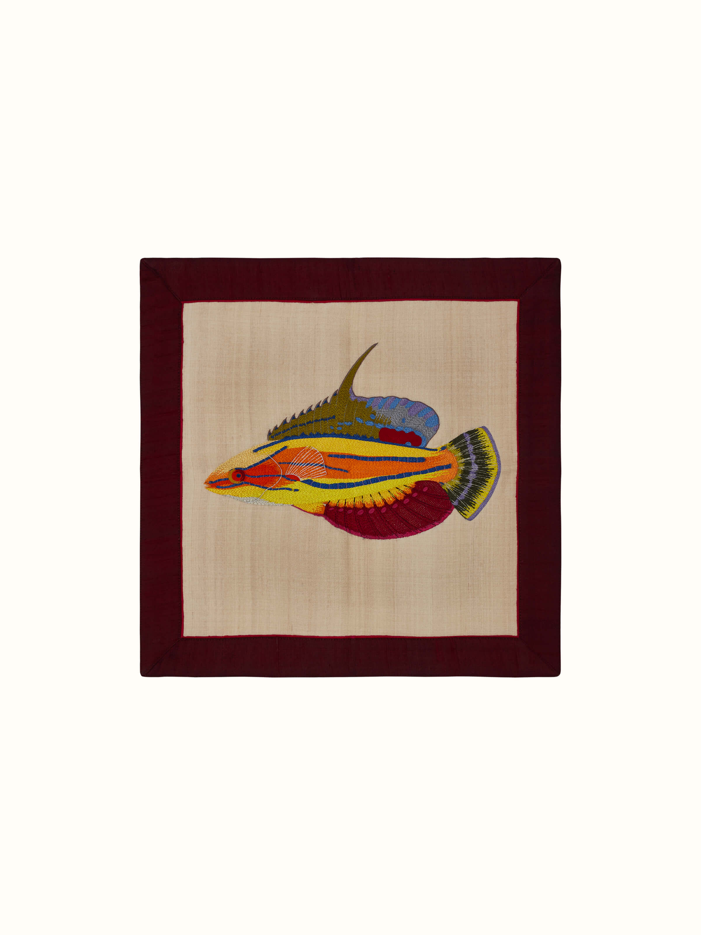Aari embroidery flasher wrasse wall art, featuring a vibrant fish design with intricate embroidery details.
