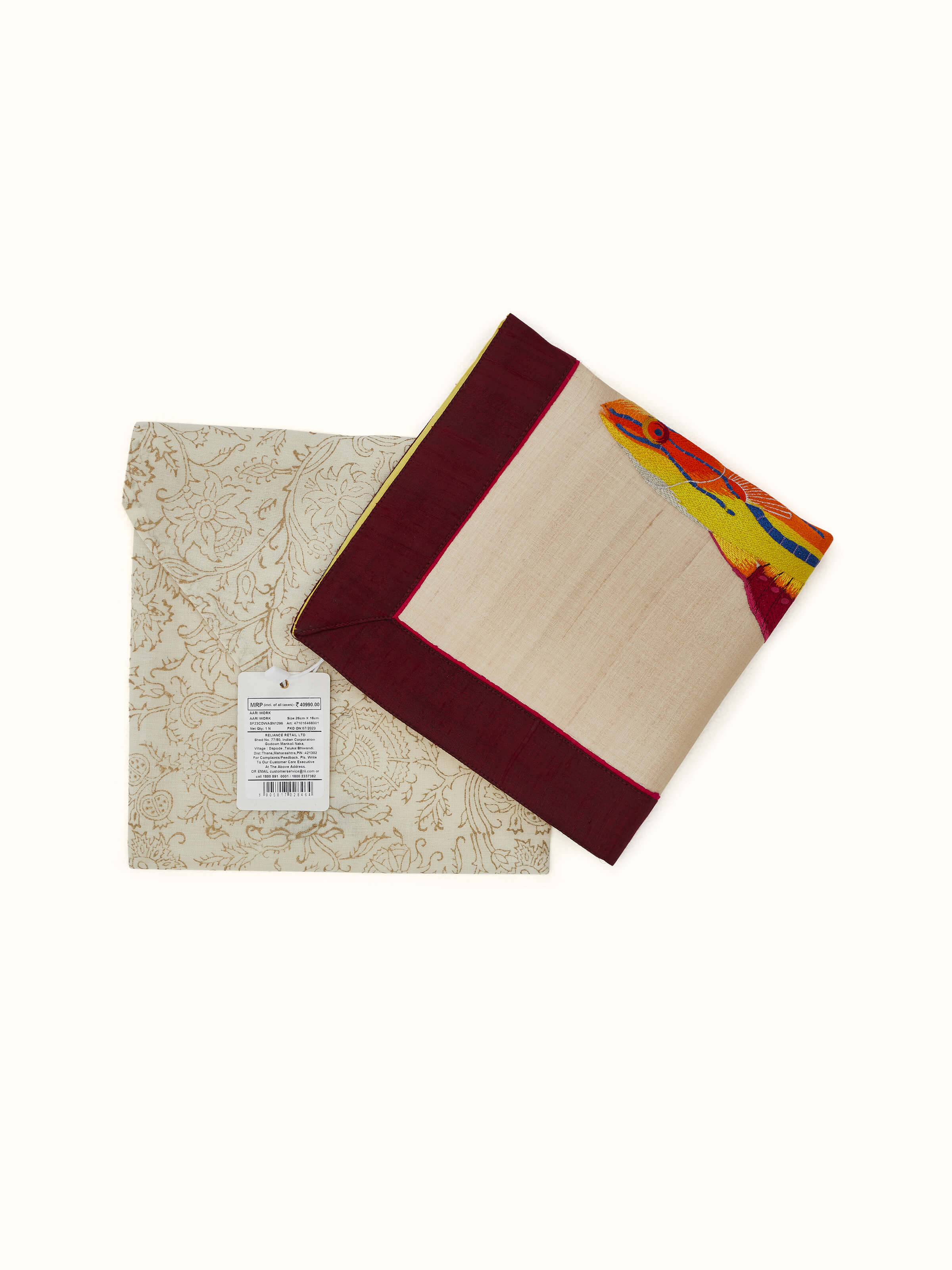 Detailed view of Aari embroidery flasher wrasse wall art, featuring the vibrant colors and textured embroidery.