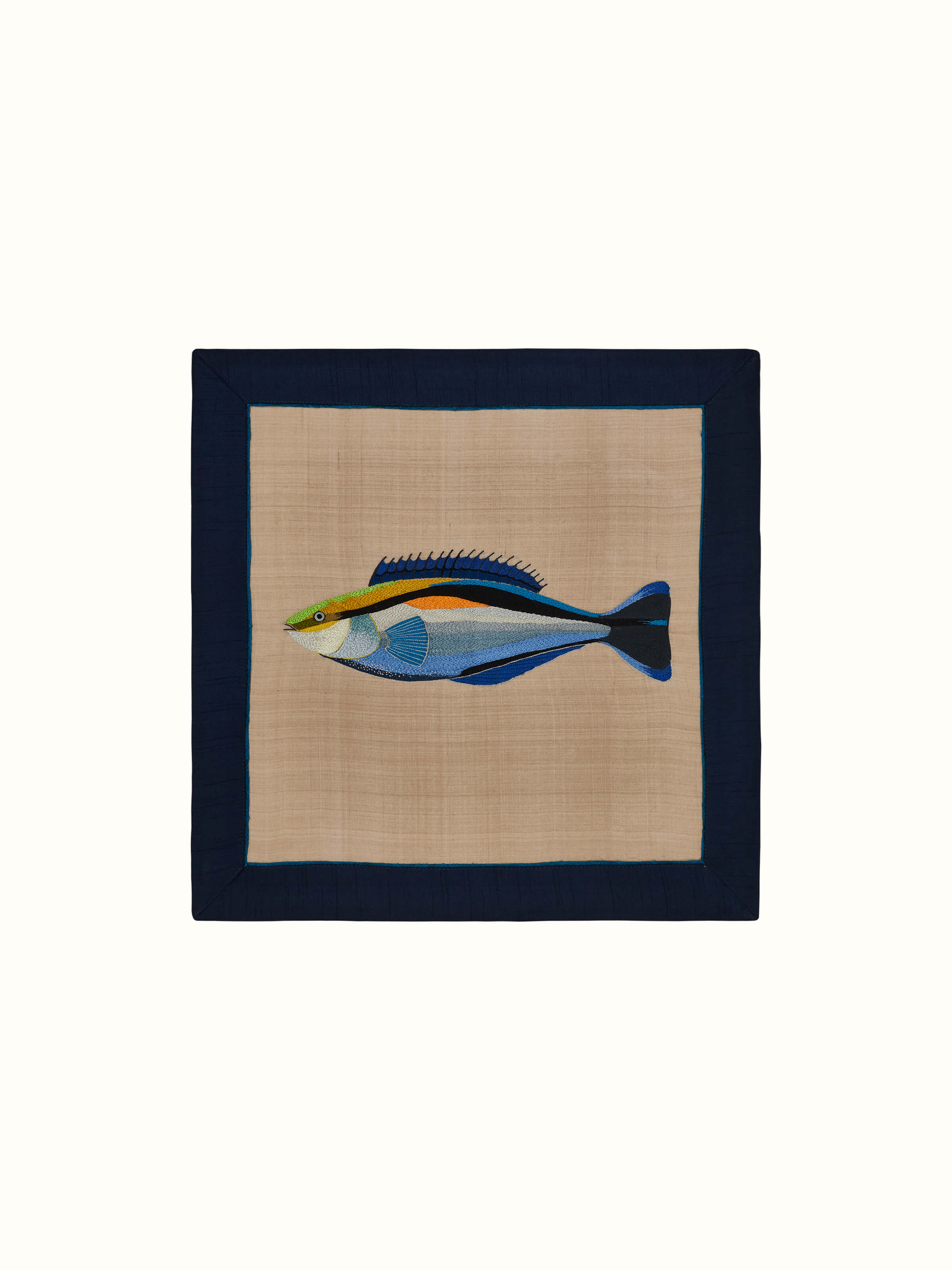 Front view of Aari Embroidery Bluestreak Wrasse Wall Art, showcasing the vibrant colors and intricate embroidery