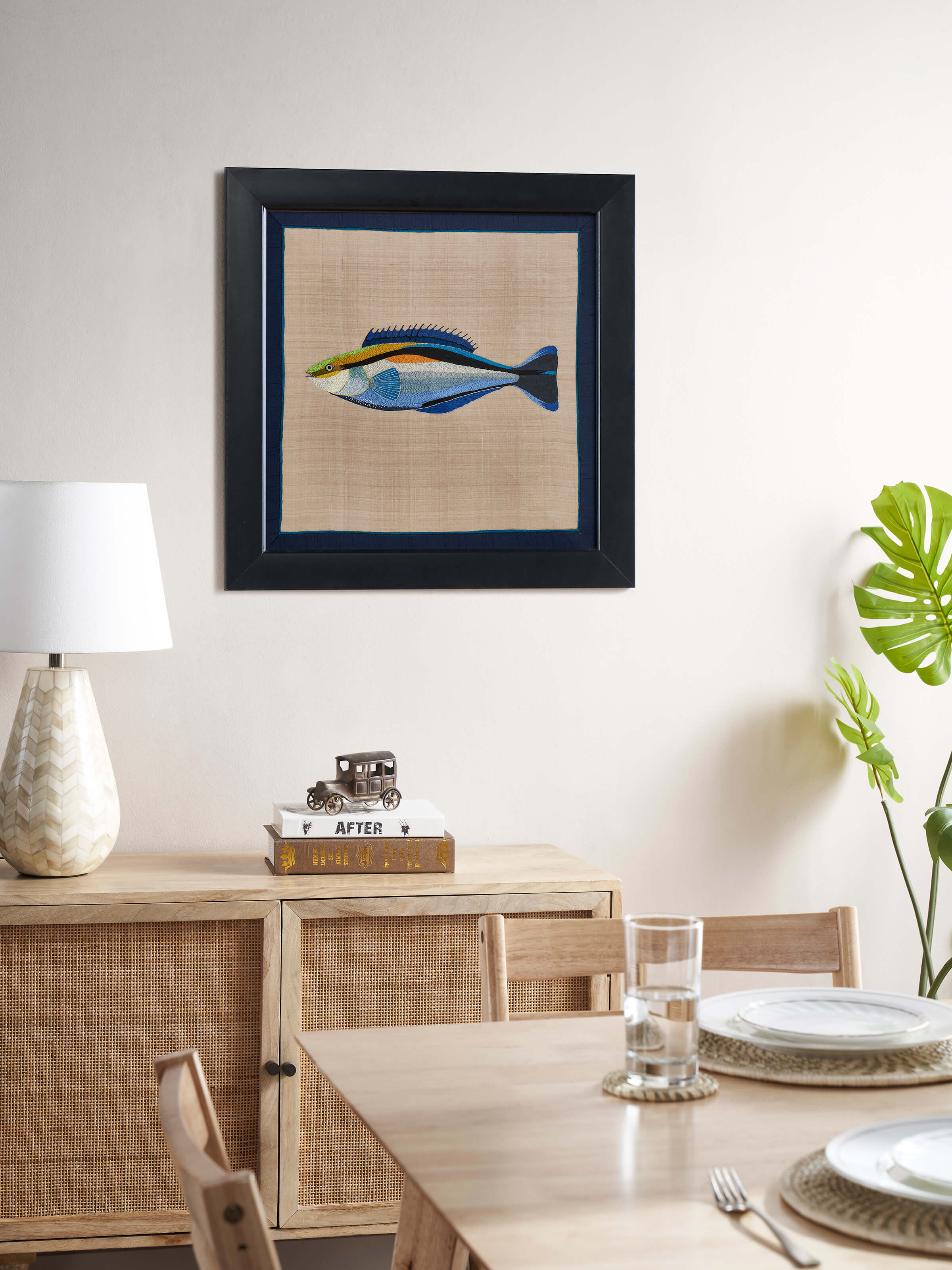 Side view of Aari Embroidery Bluestreak Wrasse Wall Art, highlighting the texture and details of the embroidery work