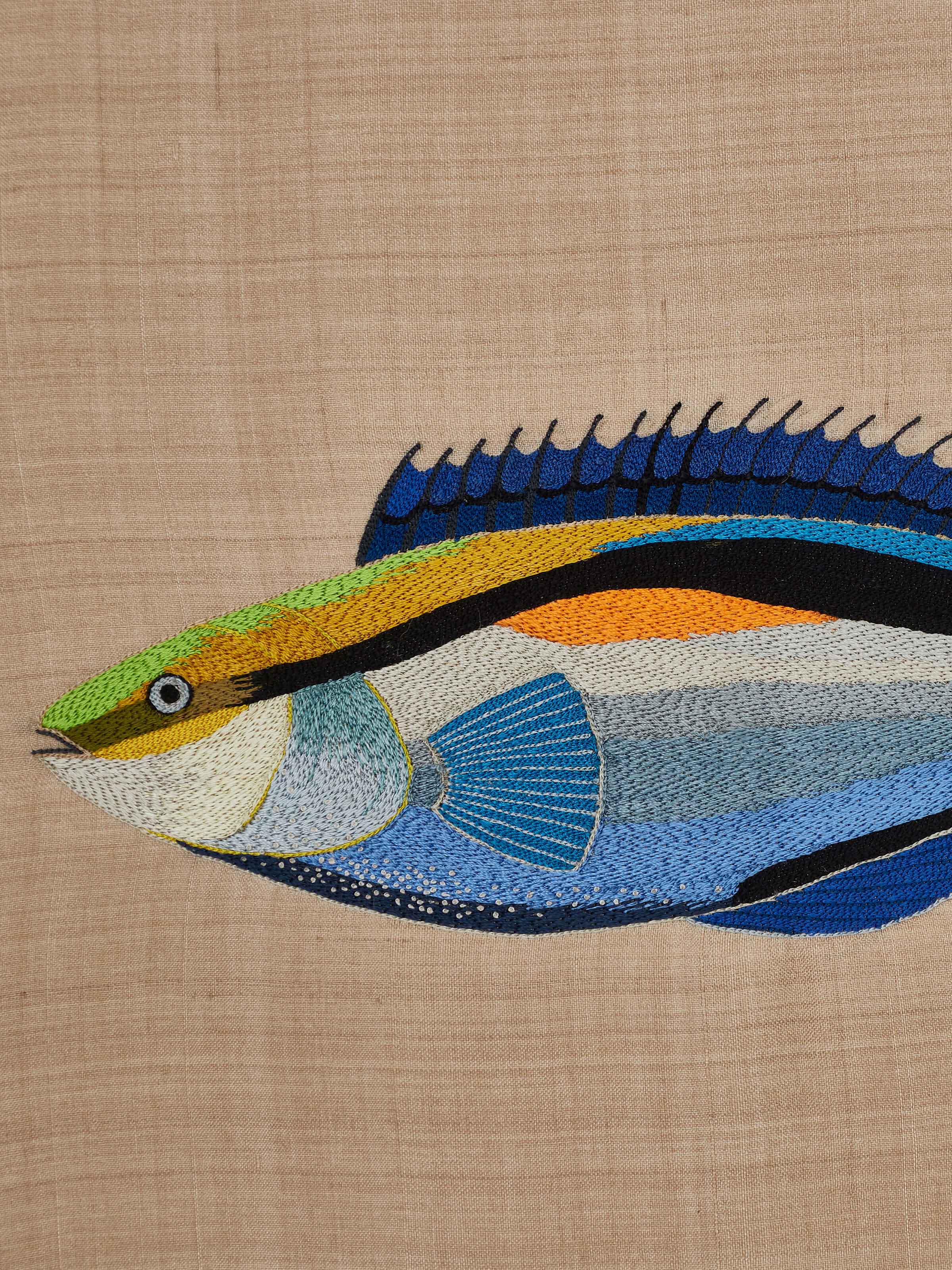 Close-up of Aari Embroidery Bluestreak Wrasse Wall Art, focusing on the fine craftsmanship and design details