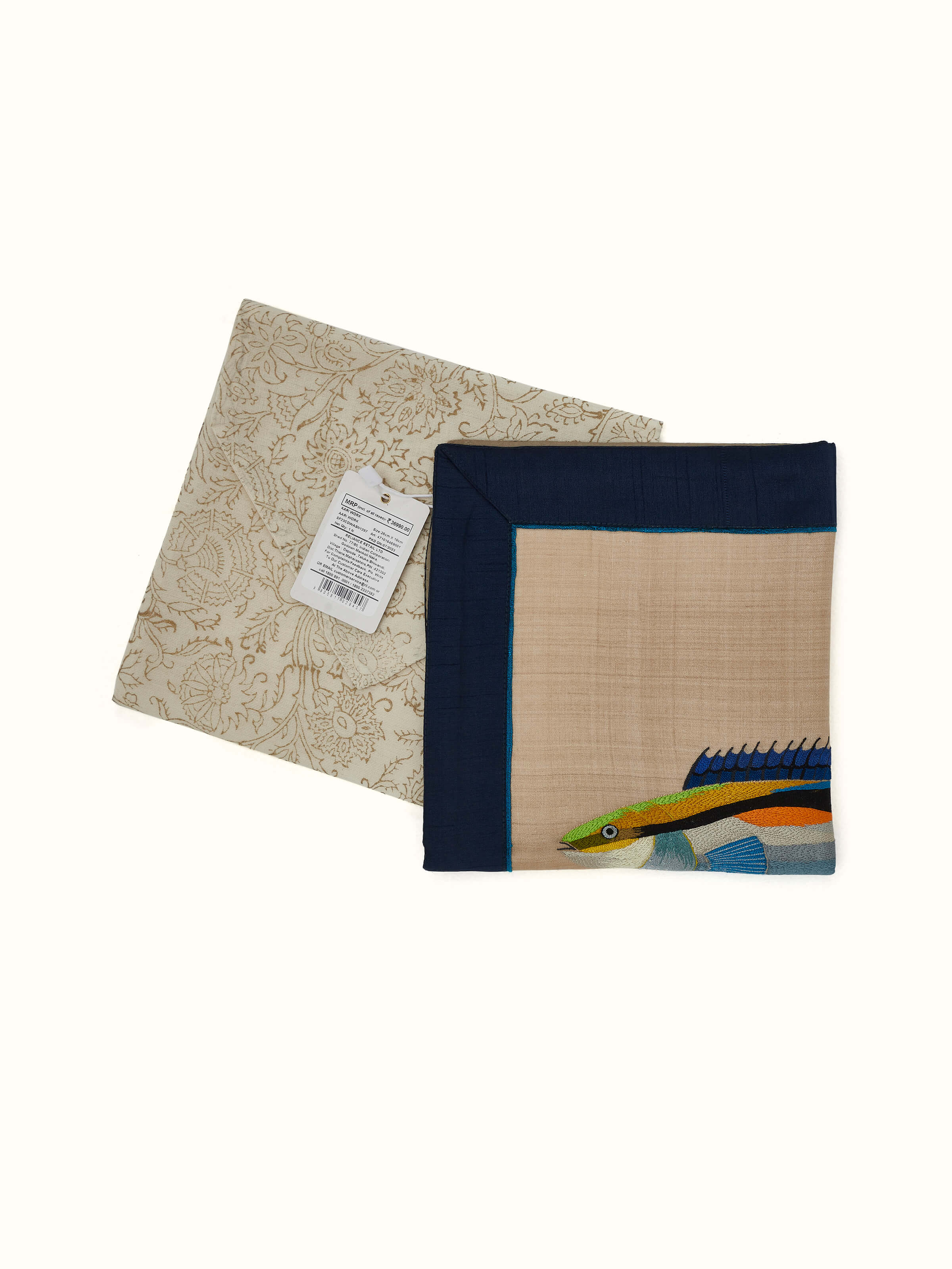 Detailed view of Aari Embroidery Bluestreak Wrasse Wall Art, emphasizing the artistic elements and texture