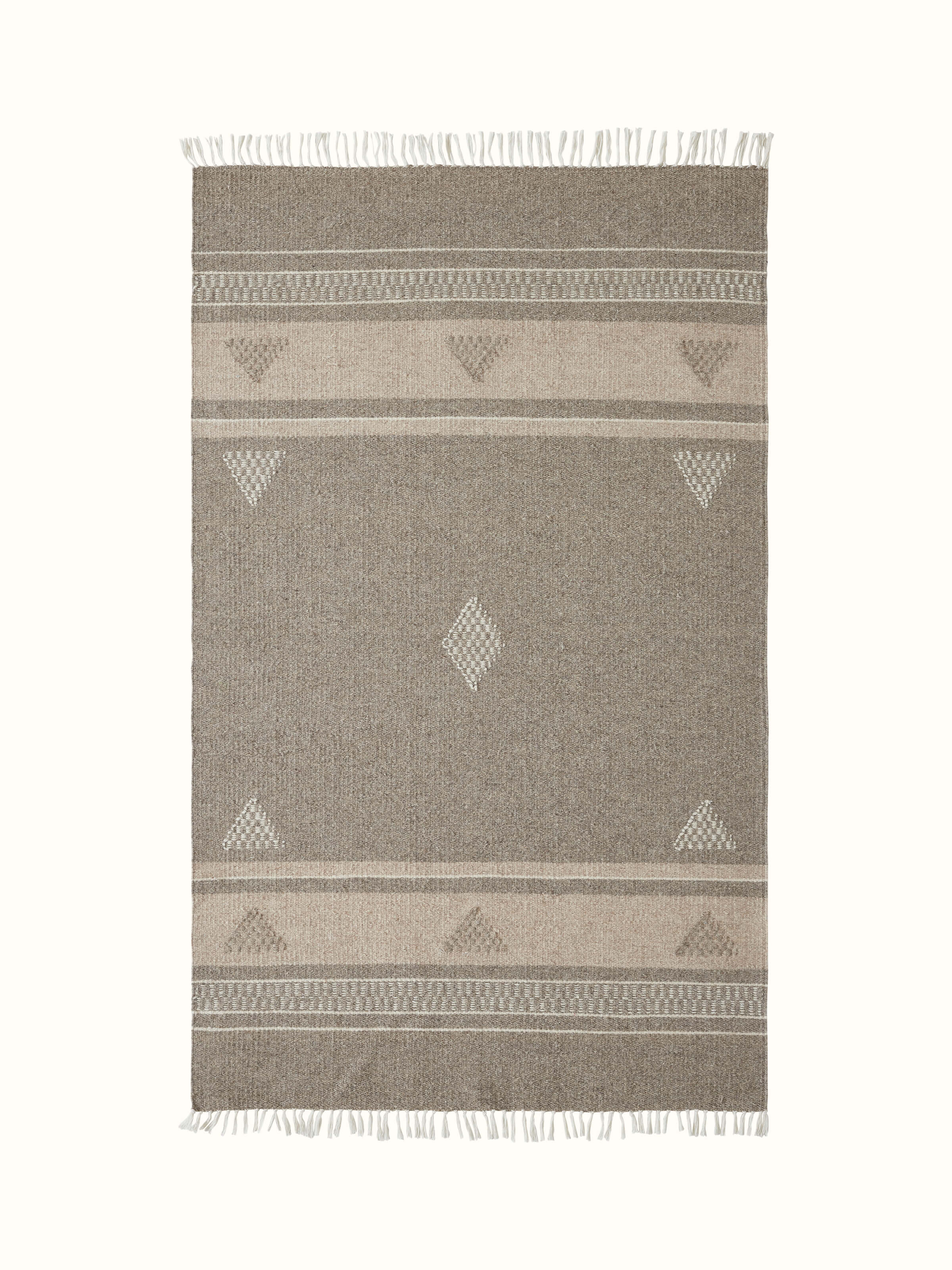 Front view of Nomad stripes buti beige Jawaja wool & cotton handloom dhurrie (3x5 ft) showcasing its traditional stripes and buti design.