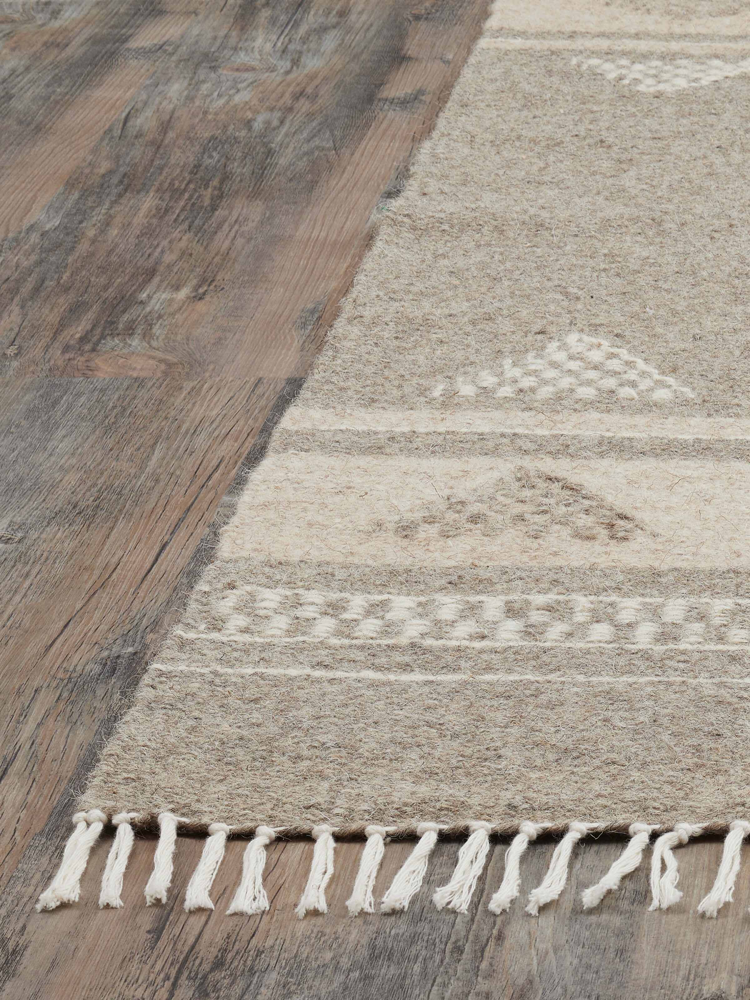 Detailed view of Nomad stripes buti beige Jawaja wool & cotton handloom dhurrie (3x5 ft) showing the intricate stripe pattern and handloom craftsmanship.