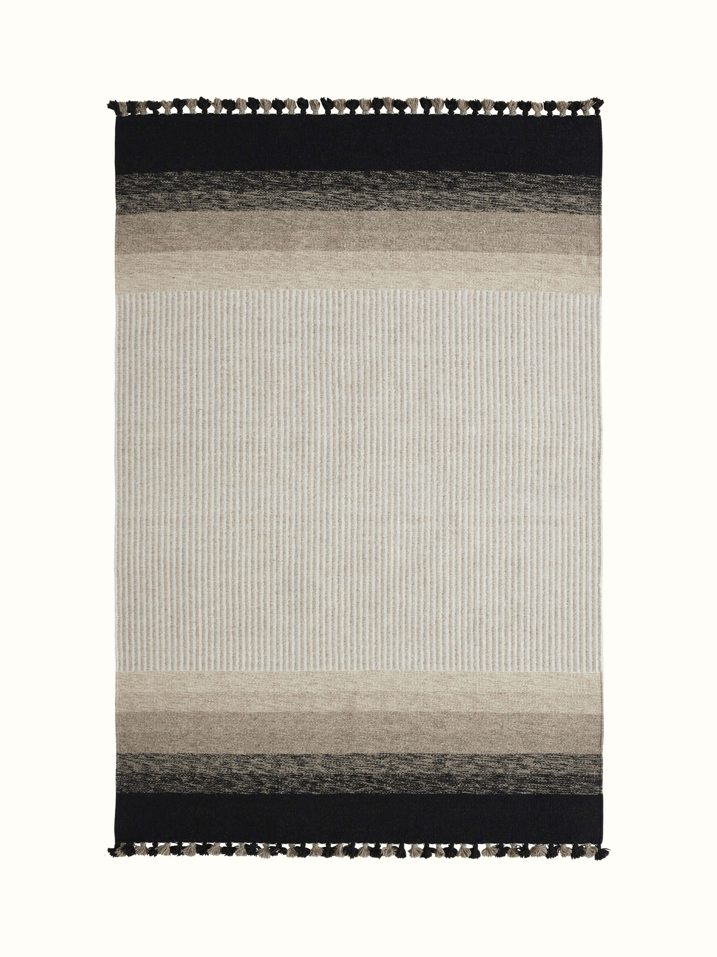 Front view of Textured stripes beige black Jawaja wool & cotton handloom dhurrie (4x6 ft) showcasing striped pattern