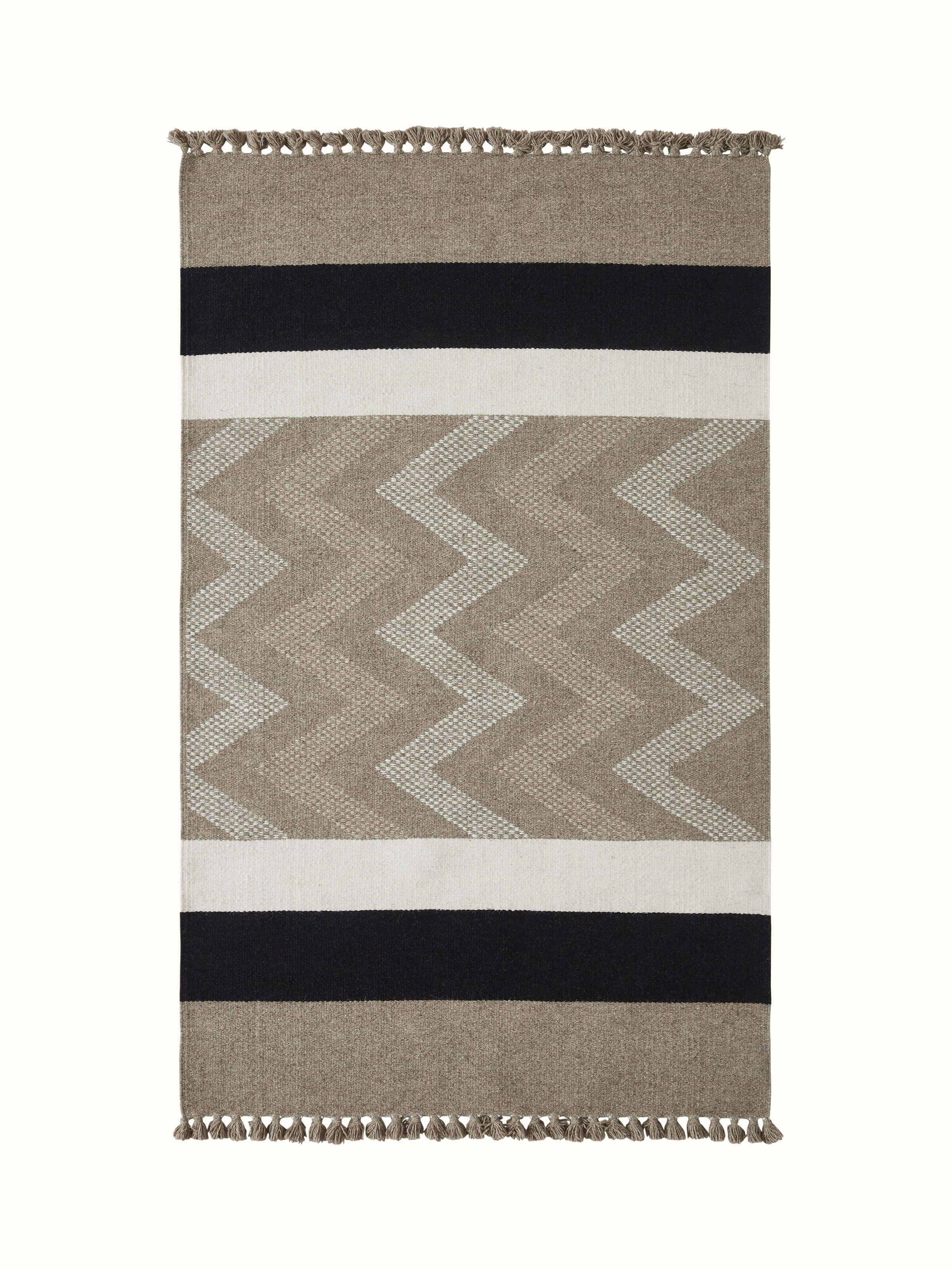 Full view of Textured Chevron Grey Melange Jawaja Wool & Cotton Handloom Dhurrie (3x5 ft), showing the chevron pattern.