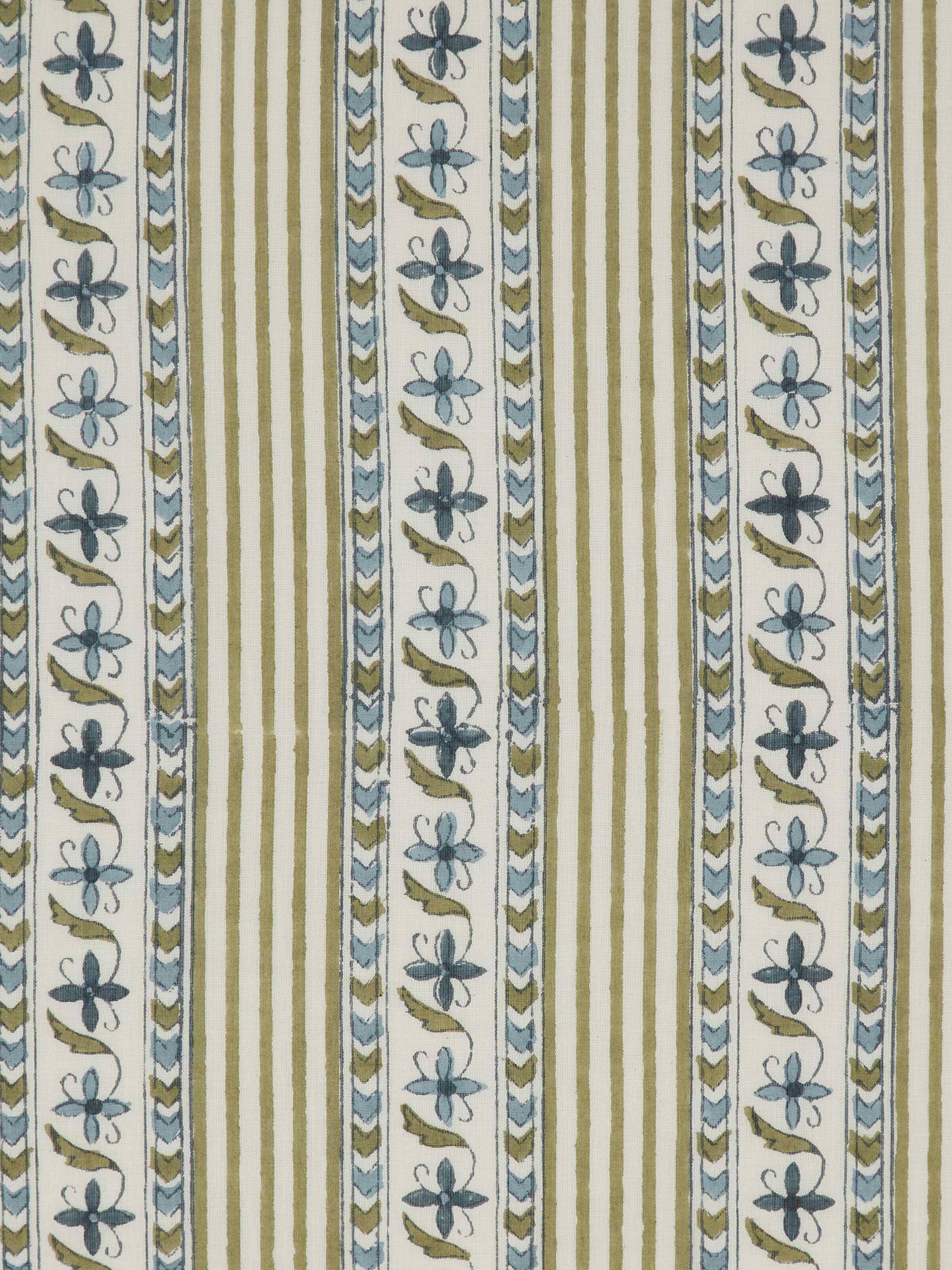 Detailed view of Aarunya blue floral stripe cotton Sanganeri block printed cushion cover focusing on the print texture and colors