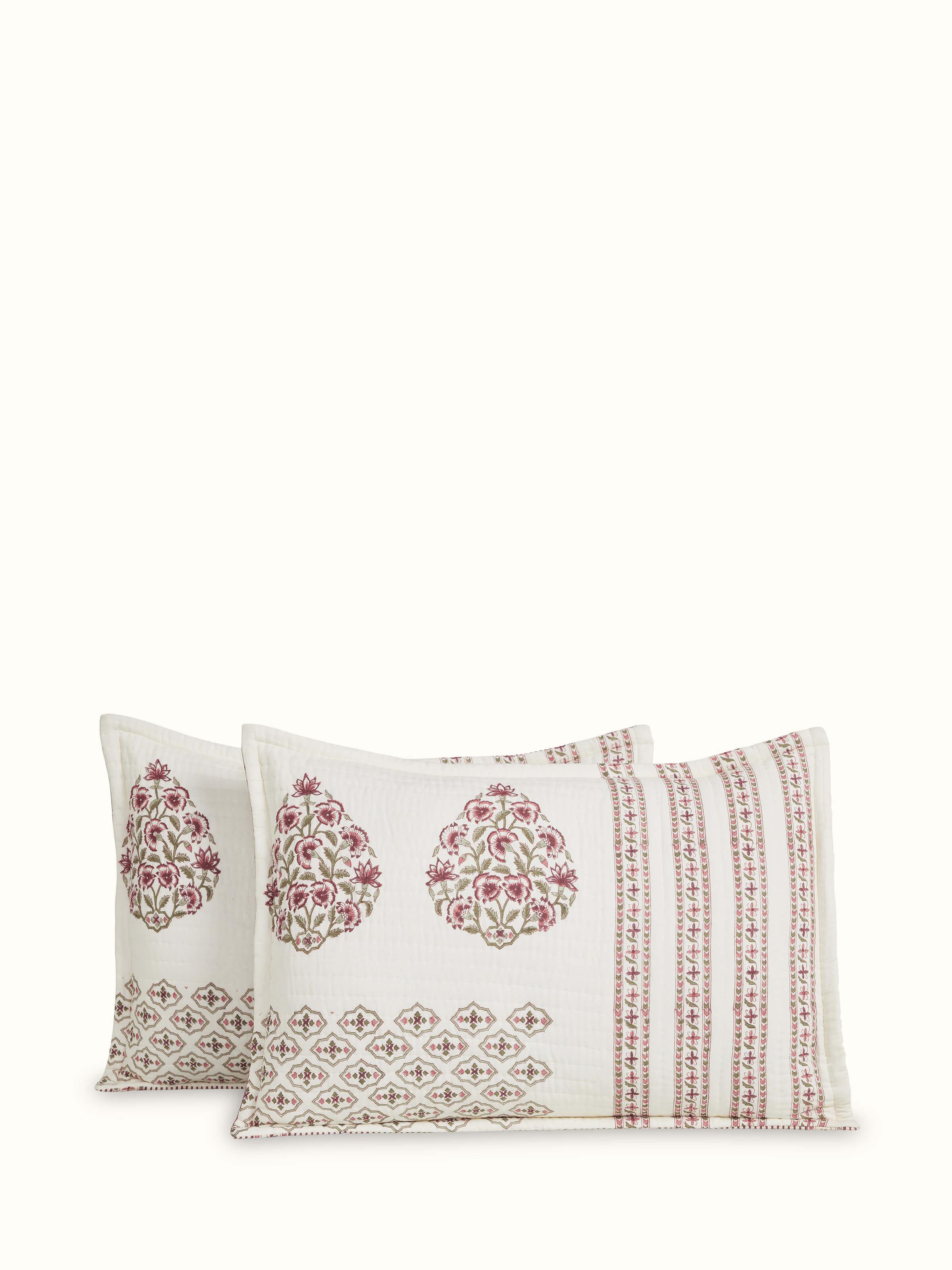 Aarunya red floral cotton pillow shams with Sanganeri block print, showcasing intricate patterns on a soft fabric.