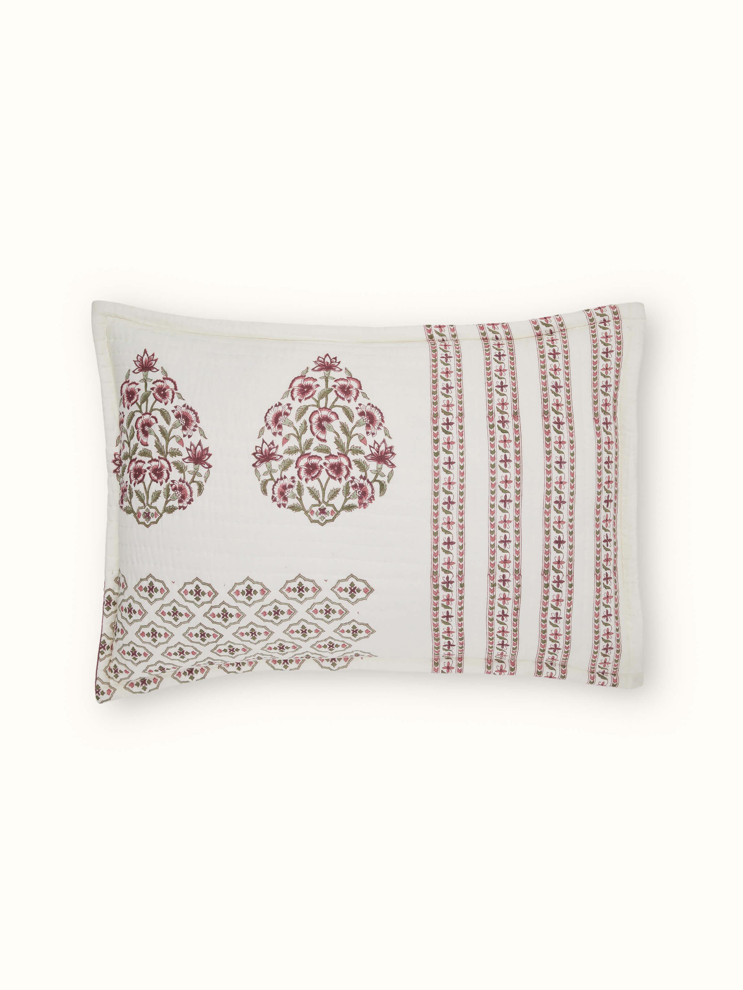 Full view of Aarunya red floral cotton pillow shams displayed to emphasize the block print design and fabric texture.